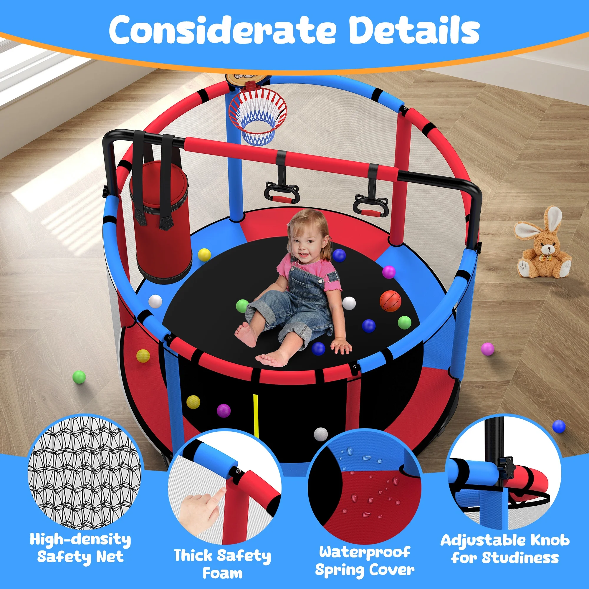 Mini Round Trampoline for Kids with Basketball Hoop, SEGMART 55'' Indoor Outdoor Toddler Trampoline with Enclosure Net, Swing, Sandbag, Ring, Ocean Balls, Small Trampoline Gift for Boys Girls, Blue - Image 8