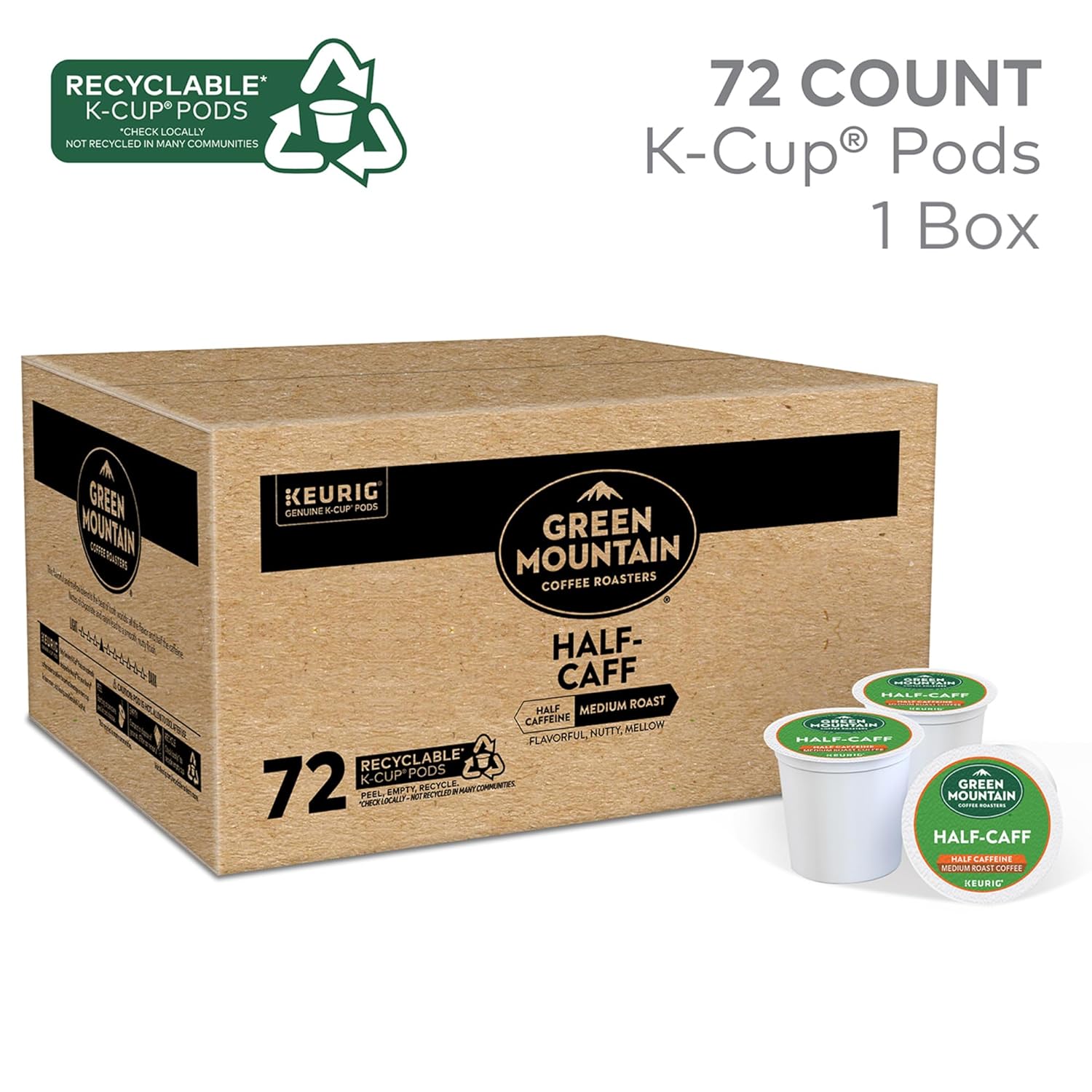 Green Mountain Coffee Roasters Half Caff Keurig Single-Serve K-Cup pods. Medium Roast Coffee. 72 Count