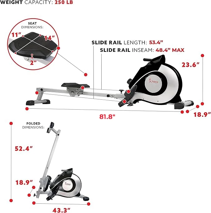 Sunny Health & Fitness 53.4" Extended Slide Rail Magnetic Rowing Machine Rower with Free SunnyFit App Membership - SF-RW5515 - Image 20