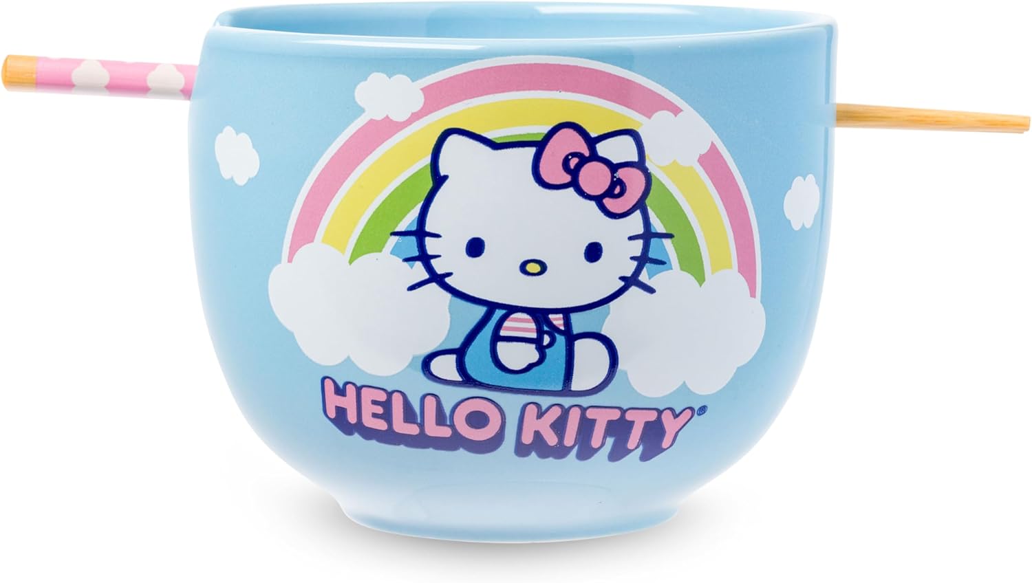 Silver Buffalo Sanrio Hello Kitty Face with Different Color Bows Pattern Ceramic Ramen Noodle Rice Bowl with Chopsticks, Microwave Safe, 20 Ounces