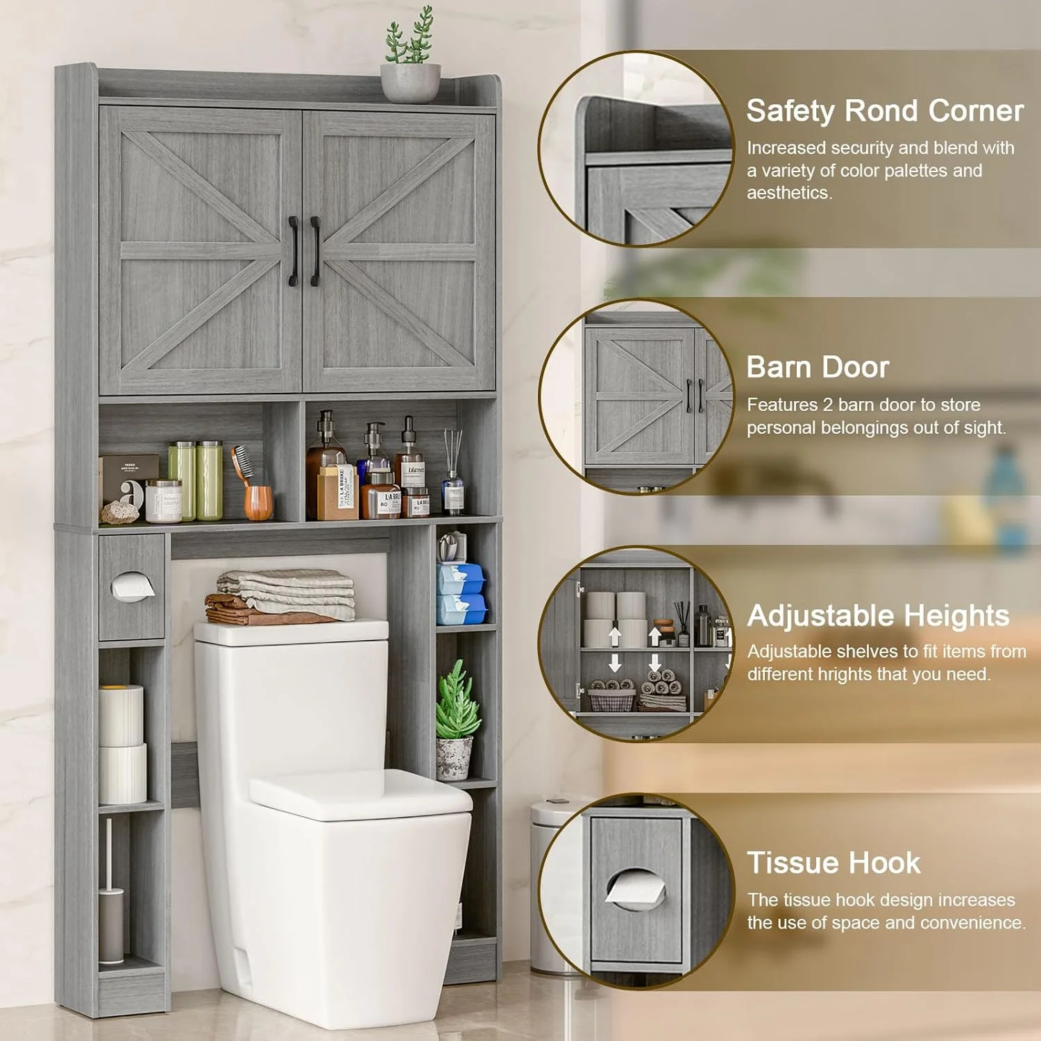 Vabches Over The Toilet Storage Cabinet with Toilet Paper Holder Stand, Above Toilet with Adjustable Shelf & 2 Doors - Image 12