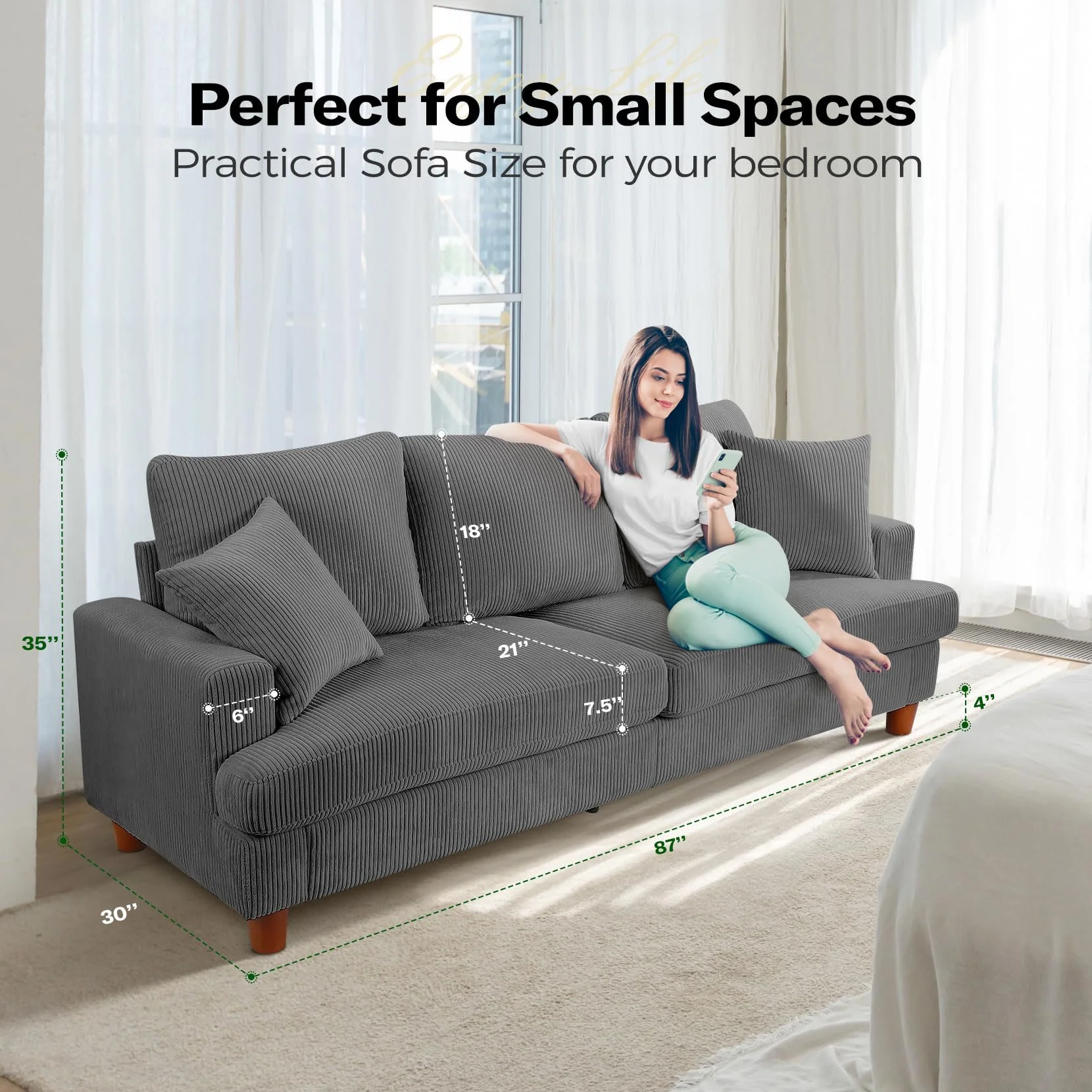 87" Corduroy Sofa,3 Seater Sofa with Extra Deep Seats,Neche Comfy Upholstered Couch for Living Room,2 Pillows,Green - Image 29