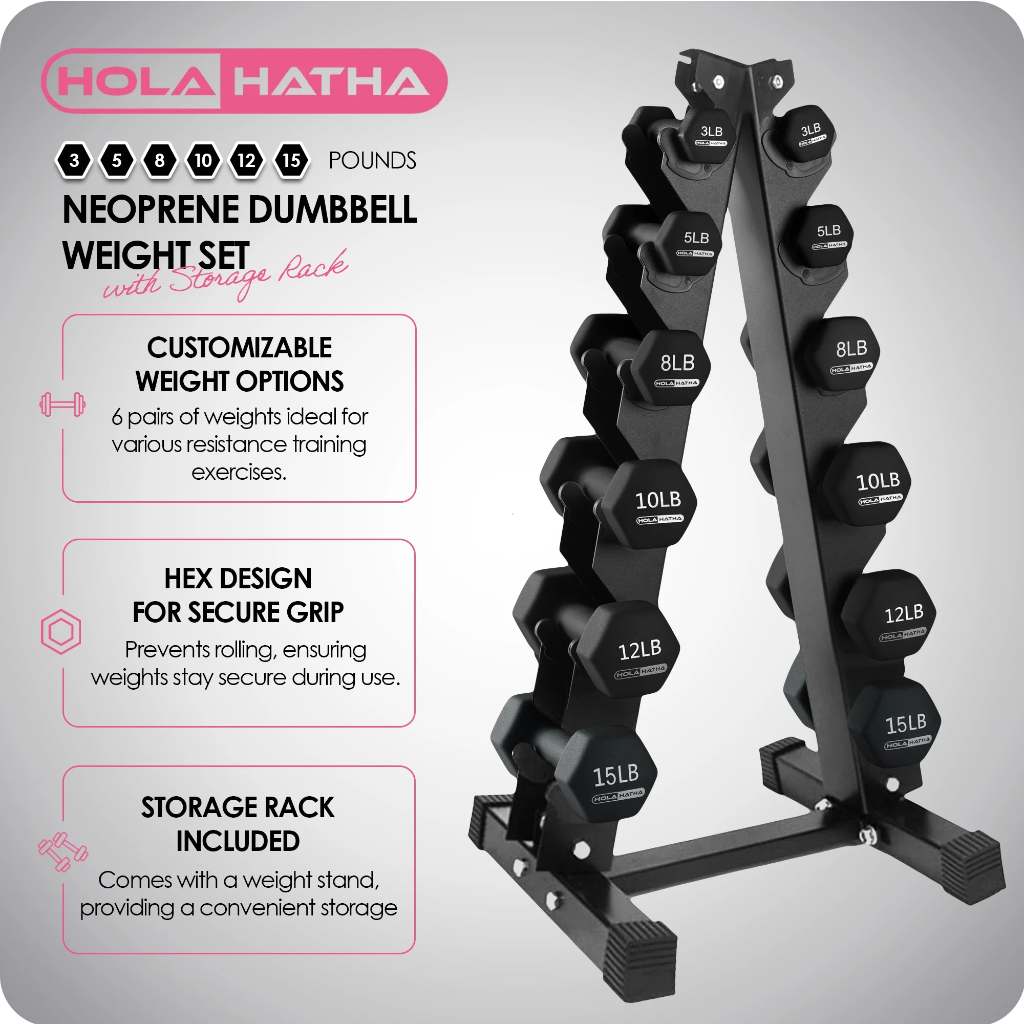 HolaHatha Neoprene Dumbbell Weight Set with Rack (Black), 112.5 lb - Image 2