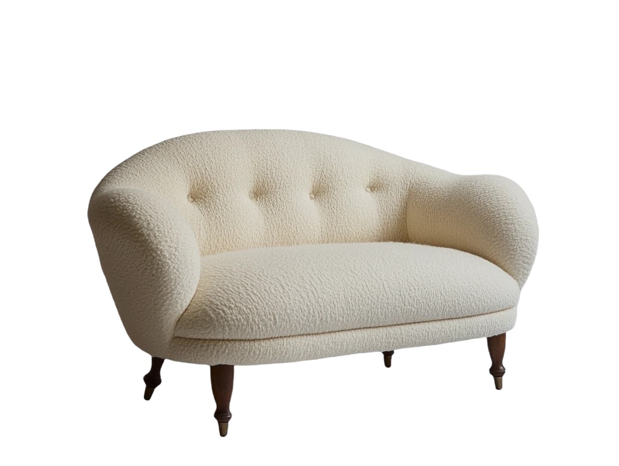 Sofá beige 2 plazas tapizado en tela bouclé con patas de madera