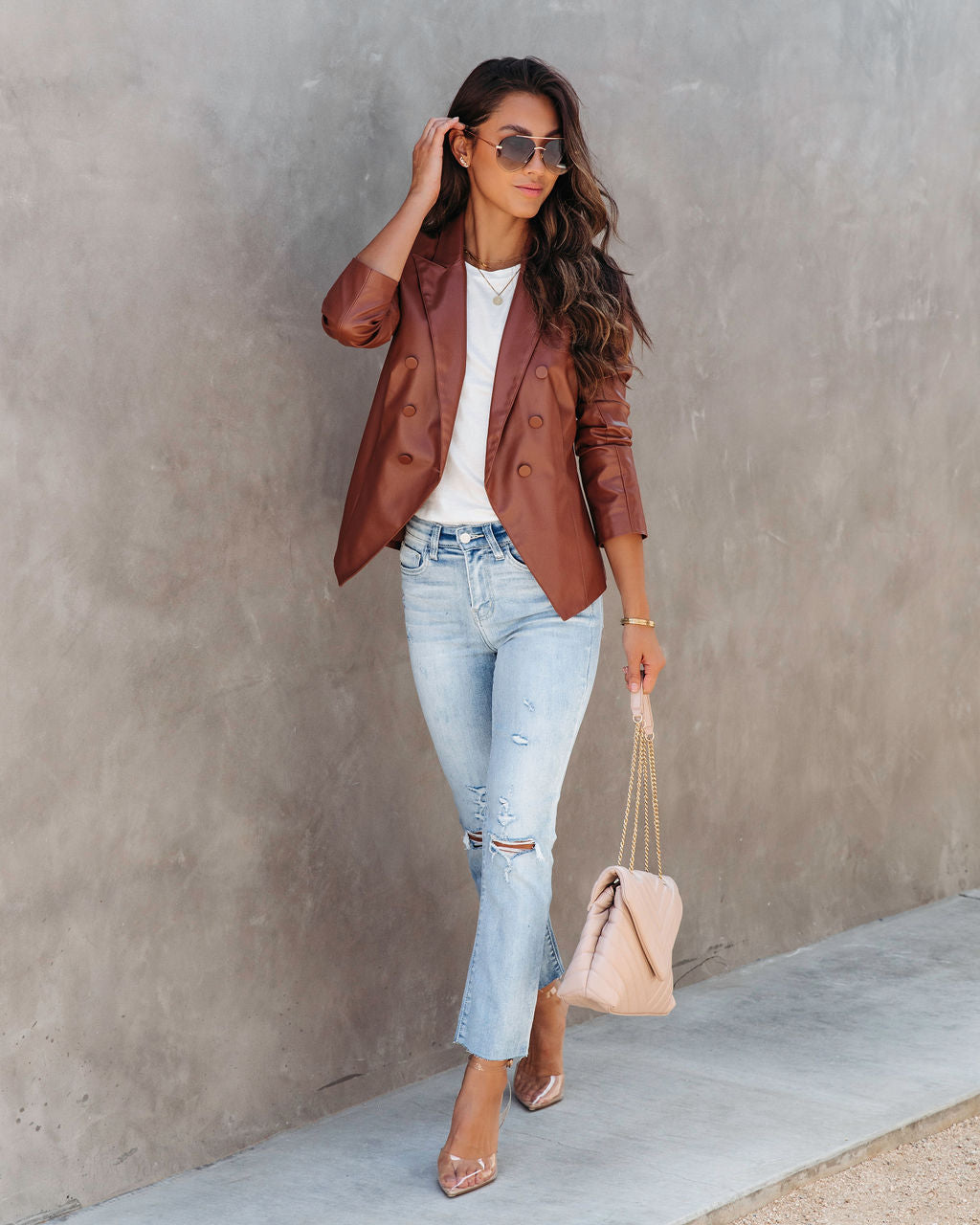 Angelique Faux Leather Blazer - Chestnut - Se7enfashion