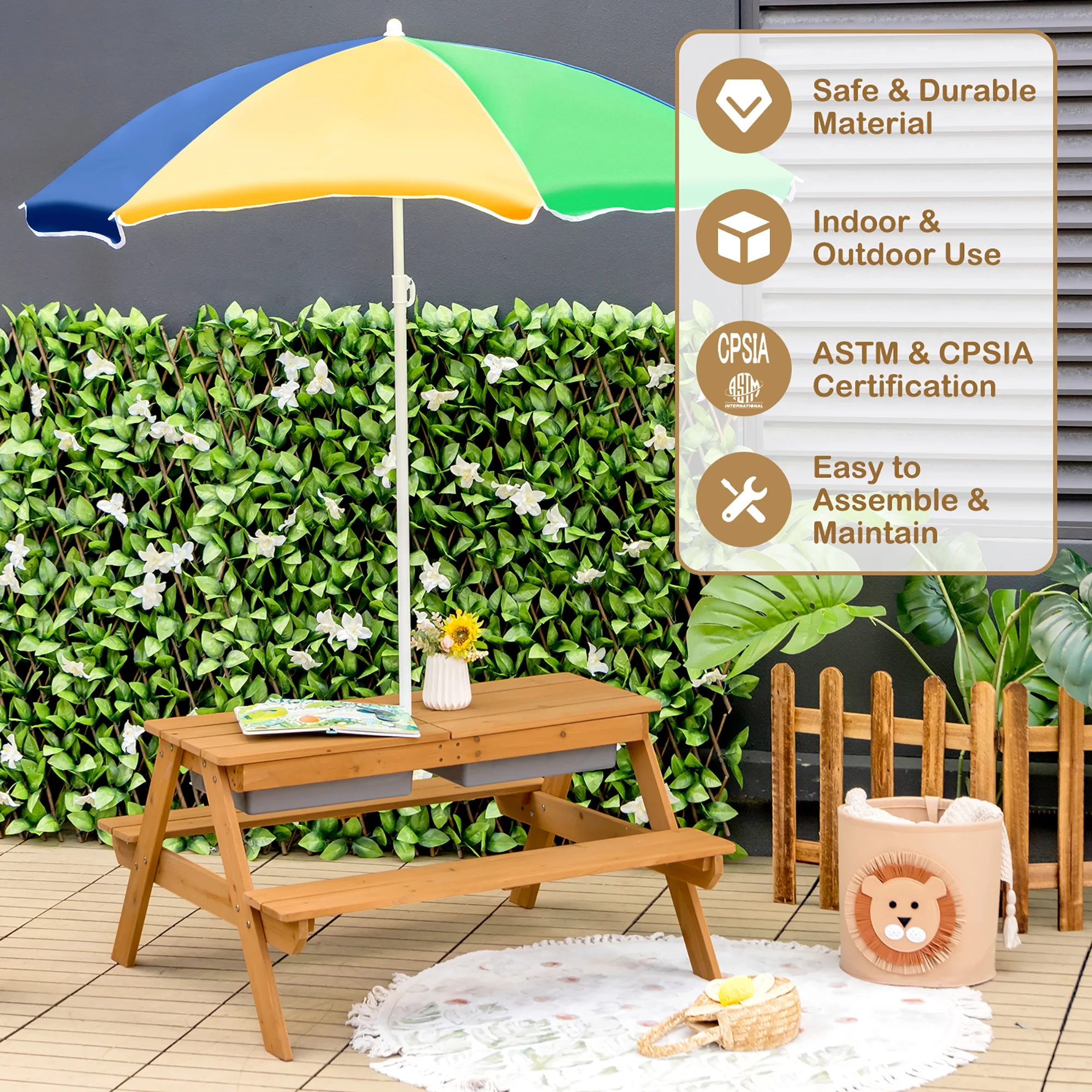 Costway 3-in-1 Kids Picnic Table Wooden Outdoor Sand & Water Table with Umbrella Play Boxes Green - Image 11