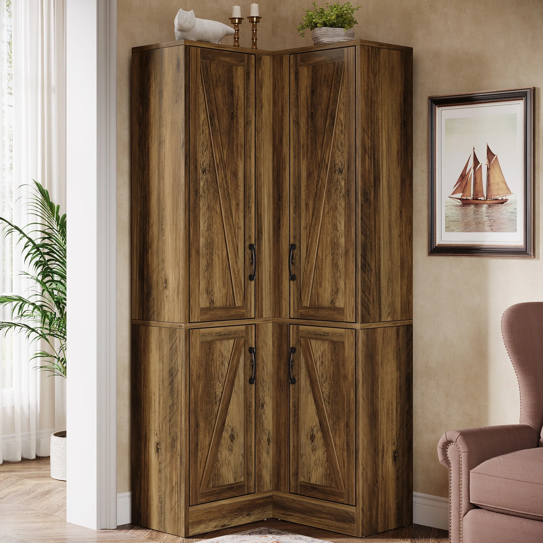 Tribesigns 70.8" Tall Corner Cabinet, Farmhouse Storage Cabinet with 4 Doors & 5 Storage Shelves - Image 12