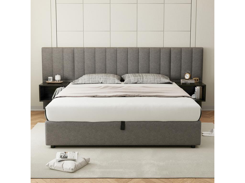 Cama tapizada 160 x 200 cm, con dos mesillas de noche con espacio de almacenamiento, lino, gris + negro