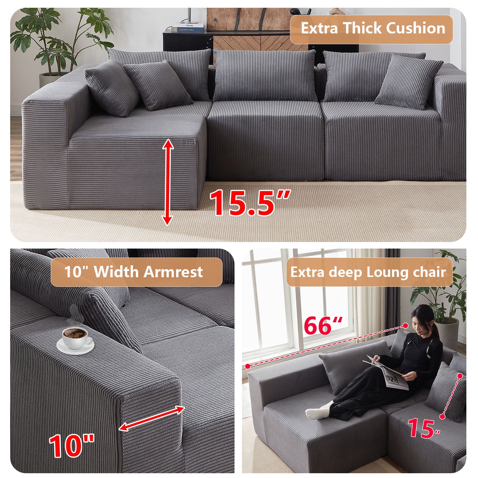104-Inch Corduroy Modular L Shaped Sectional Sofa,Luxury Floor Couch Set,Upholstered Indoor Furniture,Foam-Filled Compressed Sofa for Living Room,Bedroom,4 PC Free Combination ? - Image 18