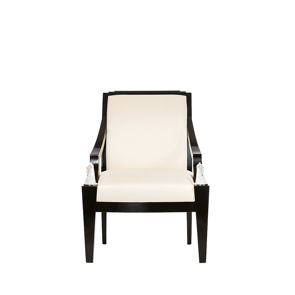 FAUTEUIL LONGCHAMP - CRISTAL INCOLORE, LAQUÉ NOIR ET SOIE IVOIRE