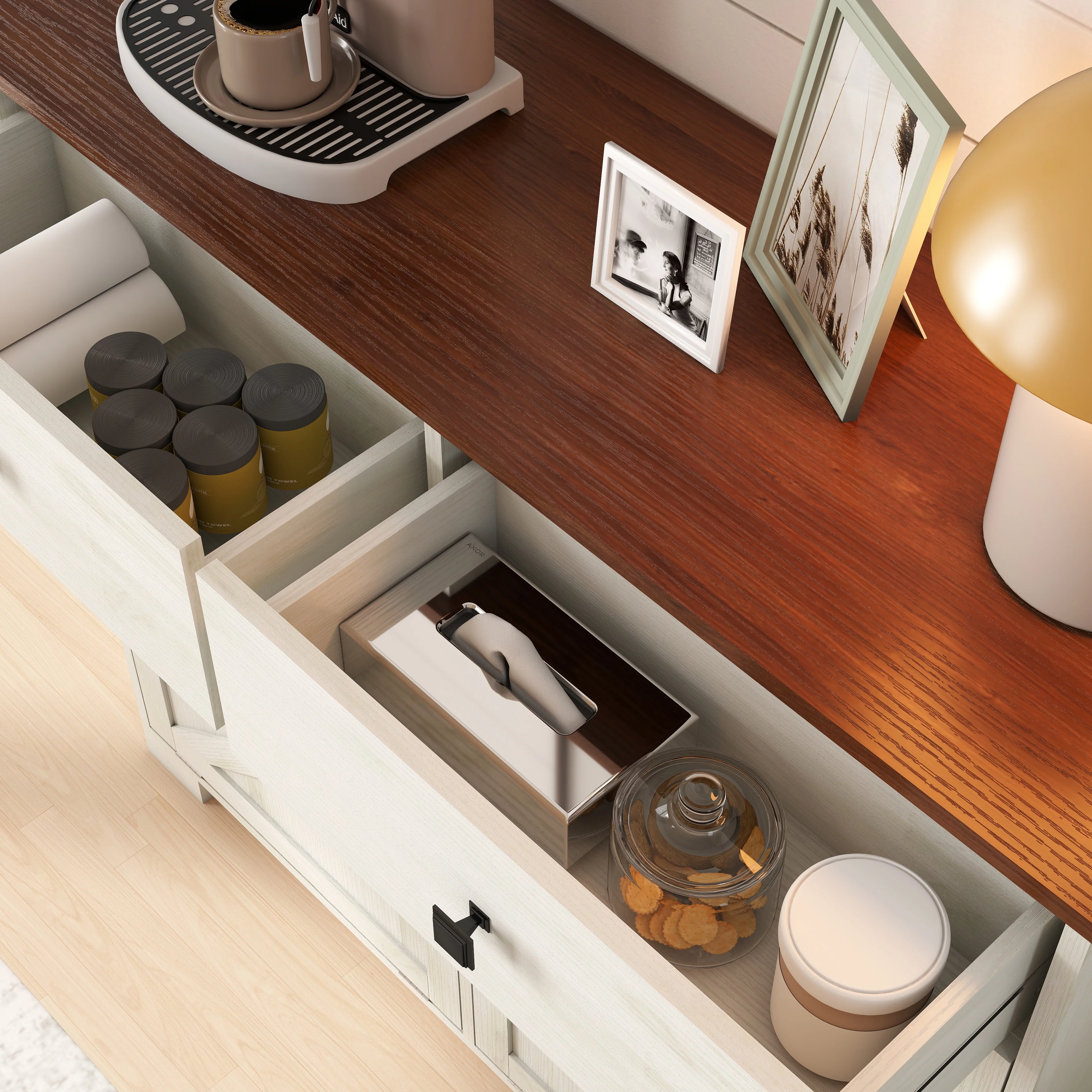 TrumanPick 61"H Large Buffet Sideboard Cabinet, TV Cabinet, Kitchen Pantry for Dining Room, Living Room, 61.3''L x 15''W x 29.8''H, White/Walnut - Image 44