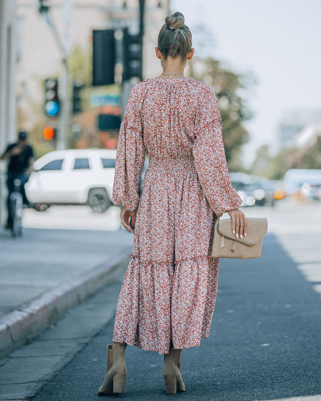 Autumn Flower Fields Smocked Ruffle Midi Dress - Se7enfashion