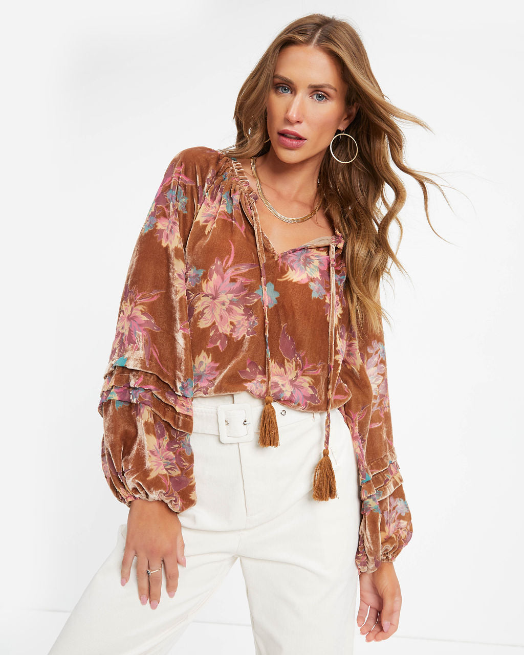 Arden Floral Burnout Velvet Top - Taupe - Se7enfashion
