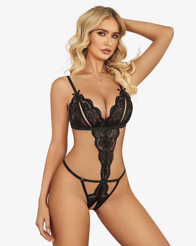 Deep V Lace Teddy Crotchless Bodysuit