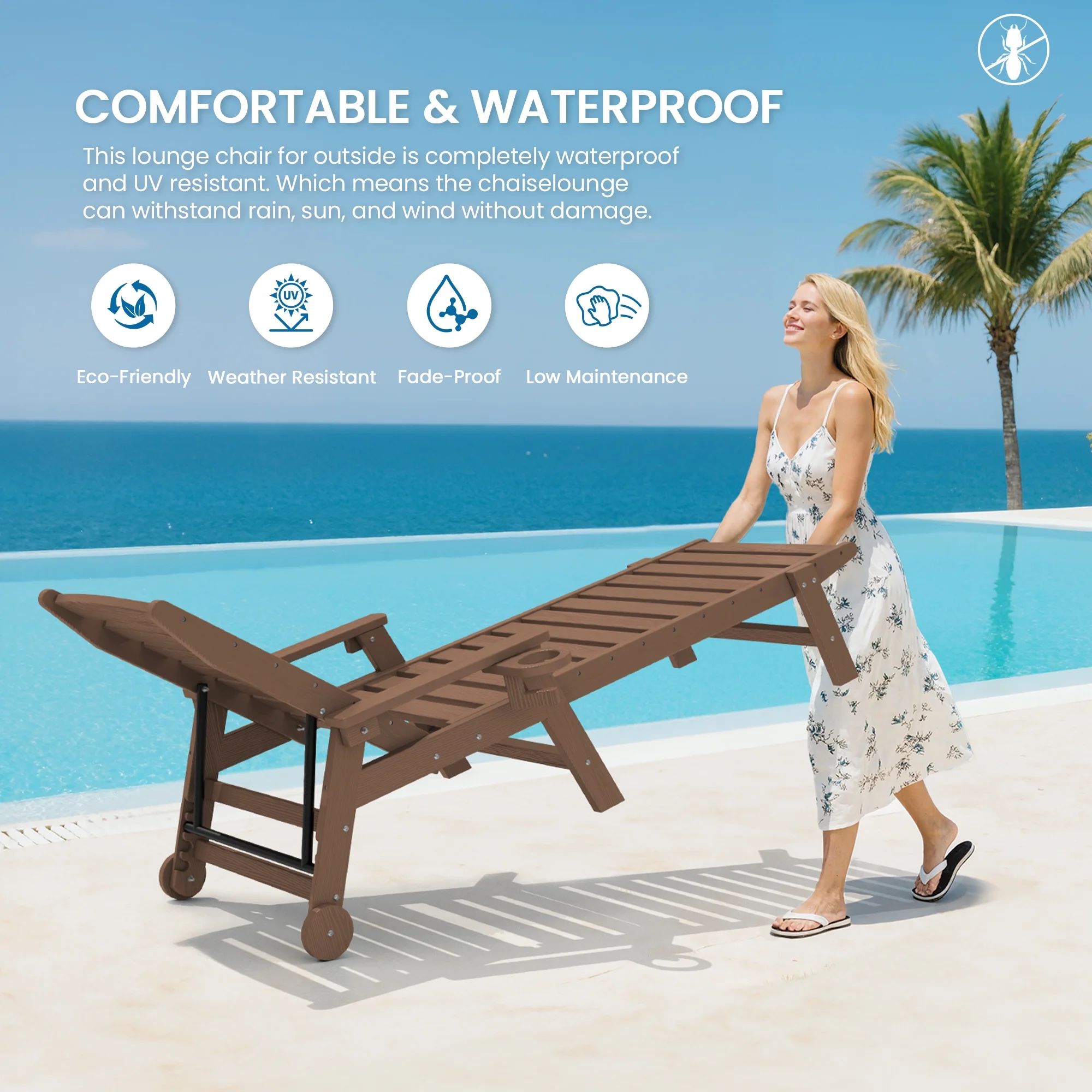 SERWALL Patio Chaise Lounge Chair, 78'' HDPE Outdoor Lounge Chair 5 Positions Pool Lounger Navy Blue - Image 72
