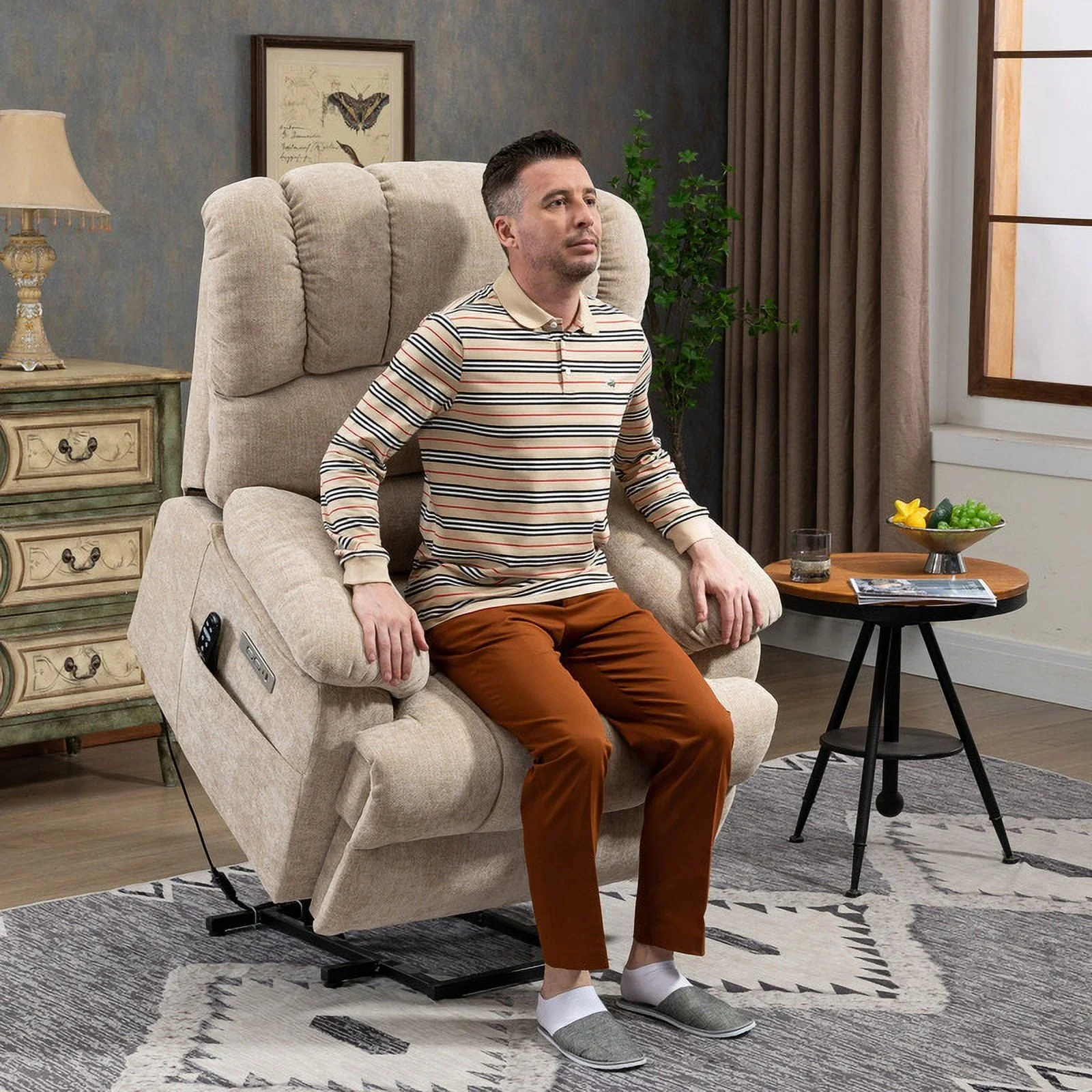 Oversized Power Lift Recliner Chairs for Adults,Beige Electric Recliners for Elderly with 8-Point Vibration Massage Lumbar Heating,2 Side Pocket,USB Port,24