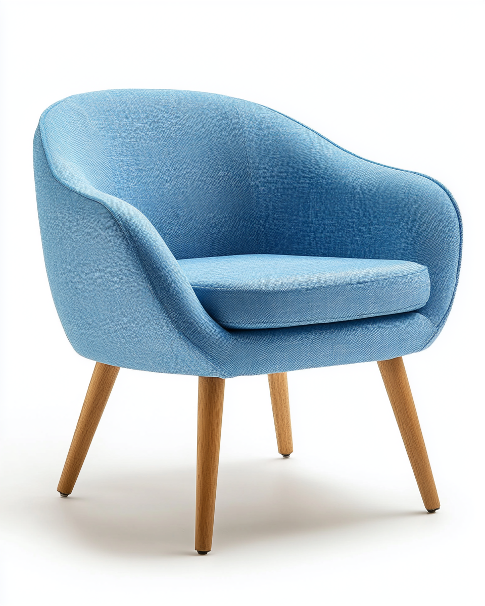 Sillón tapizado en tela azul claro con patas de madera, estilo nórdico