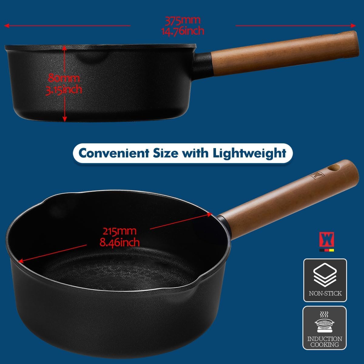 WAGENSTEIGER Aluminum Saucepan with Titanium Coated Non-Stick Surface, 7-Layer Coating With Zelkova Wooden Handle, For Professional Chef & Home Cook, Made in Korea (14.76