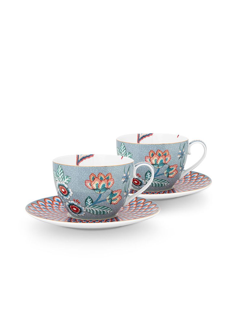 Set/2 Cups & Saucers Flower Festival Light Blue