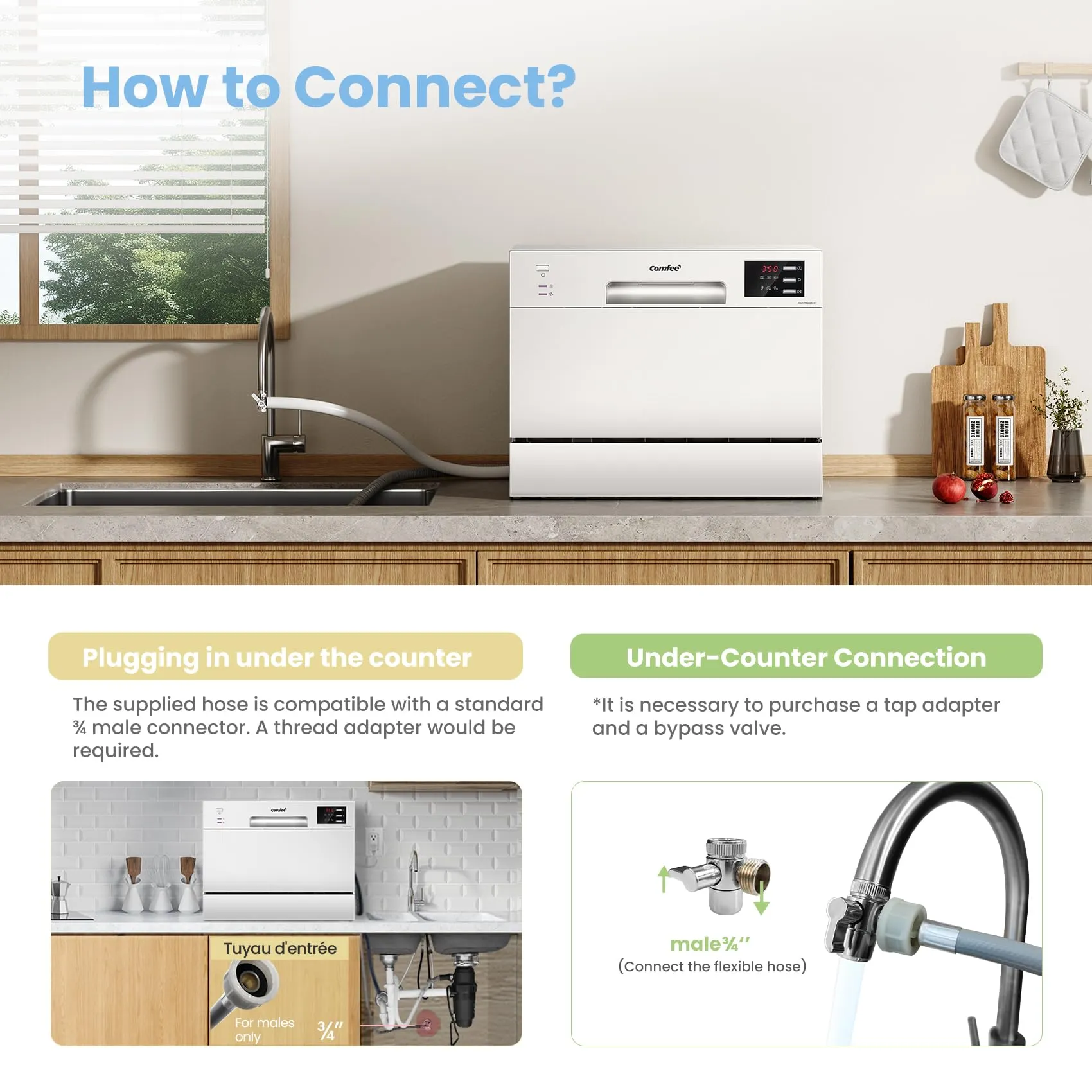COMFEE' Table Top Dishwasher, 6 Place Settings, LED Display, 47dB, White