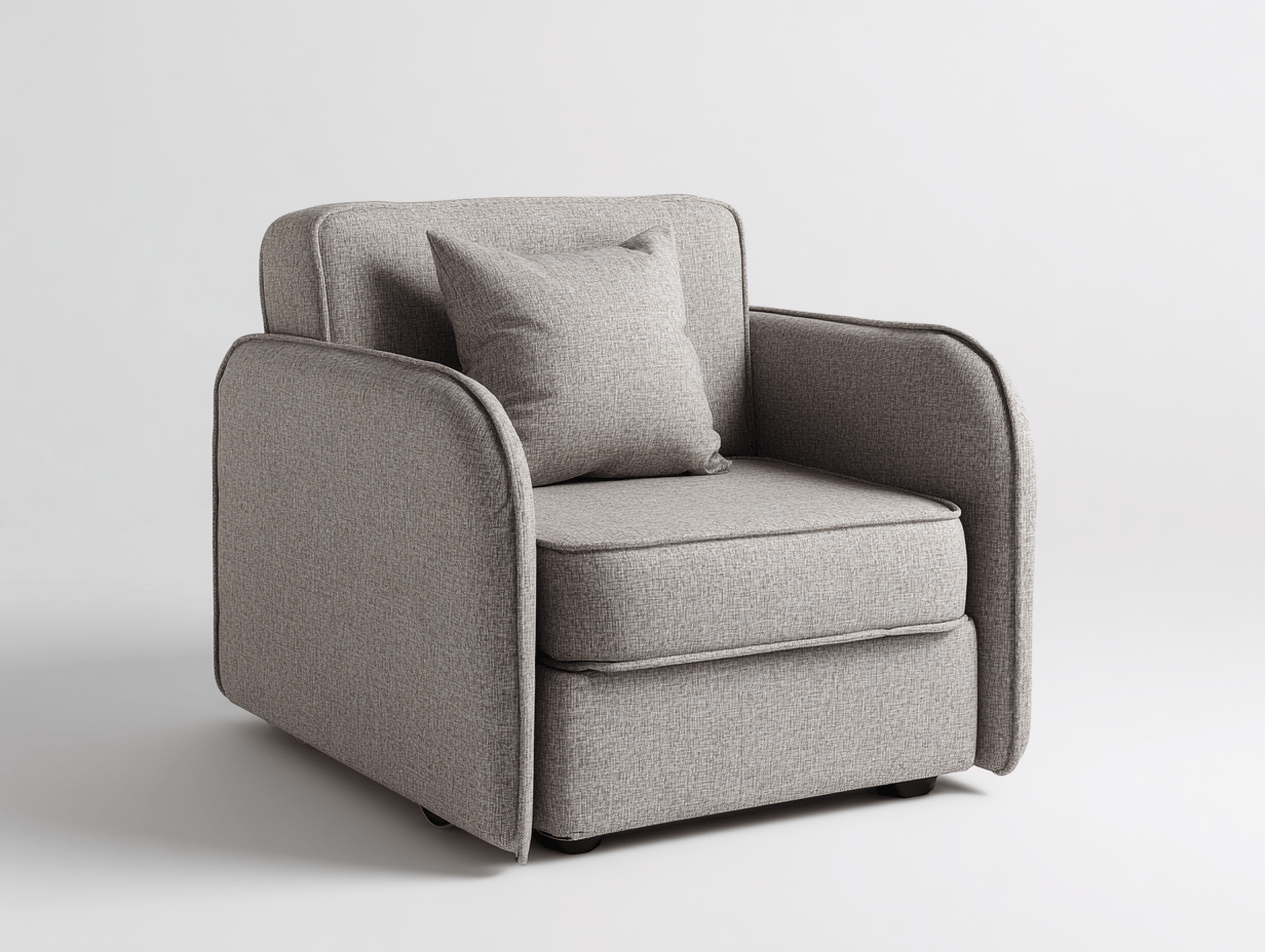 Sillón individual con un cojín cuadrado tapizado en tela gris claro 88×85×88 cm – base robusta – diseño moderno