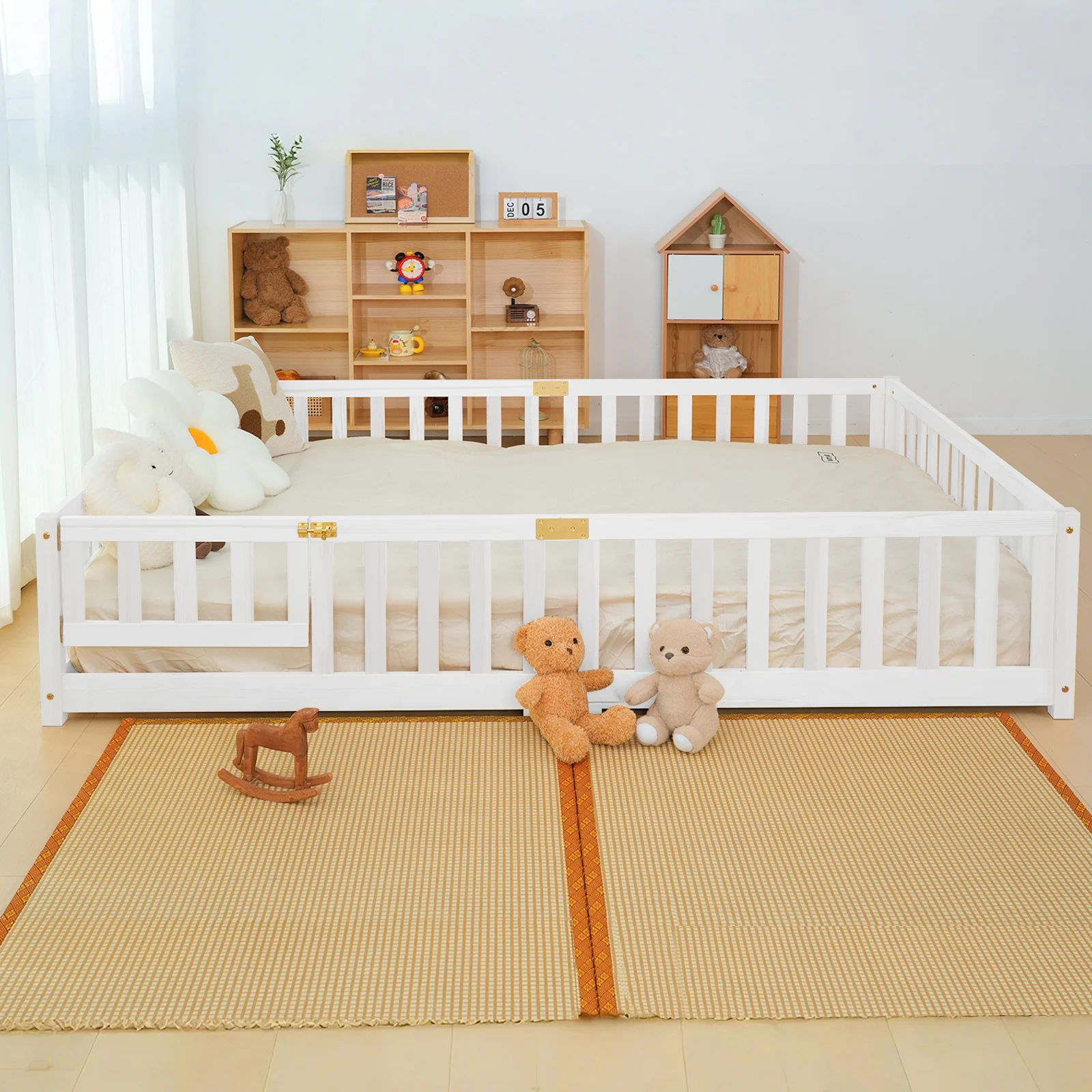 Slsy Twin Size Toddler Floor Bed, Solid Wood Montessori Bed Frame with Fence & Door Montessori Floor Bed Crib with Safety Guardrails for Girls and Boys - Image 18