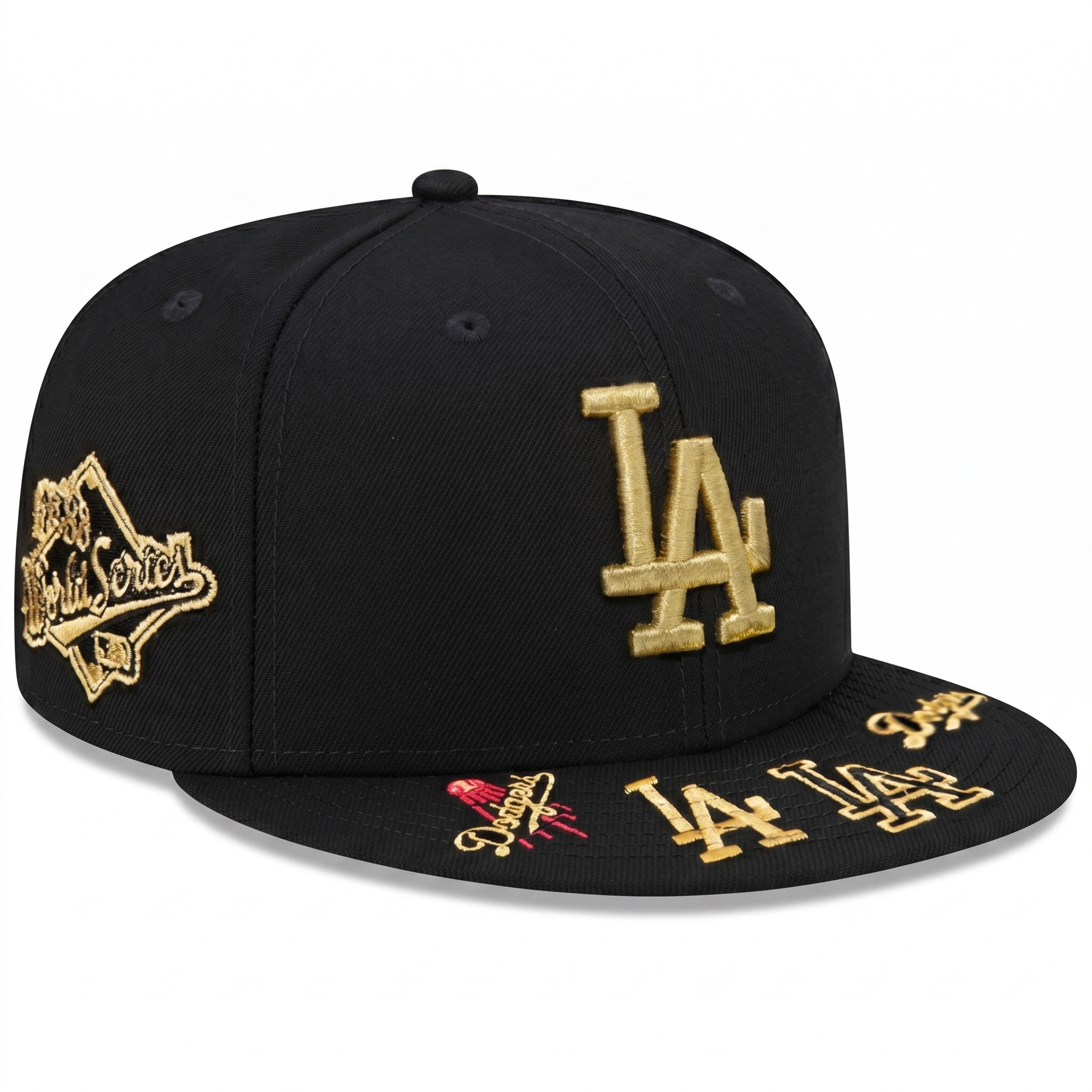 Angled view of a black Los Angeles Dodgers fitted hat featuring a raised gold LA logo, a gold 2020 World Series side patch, and custom metallic pins on the brim.