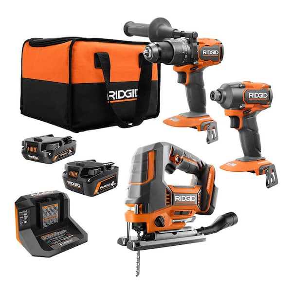 18V Brushless Cordless 3 - Tool Combo Kit W/ Hammer Drill, Impact Driver, Jig Saw, Batteries, Charger Bag