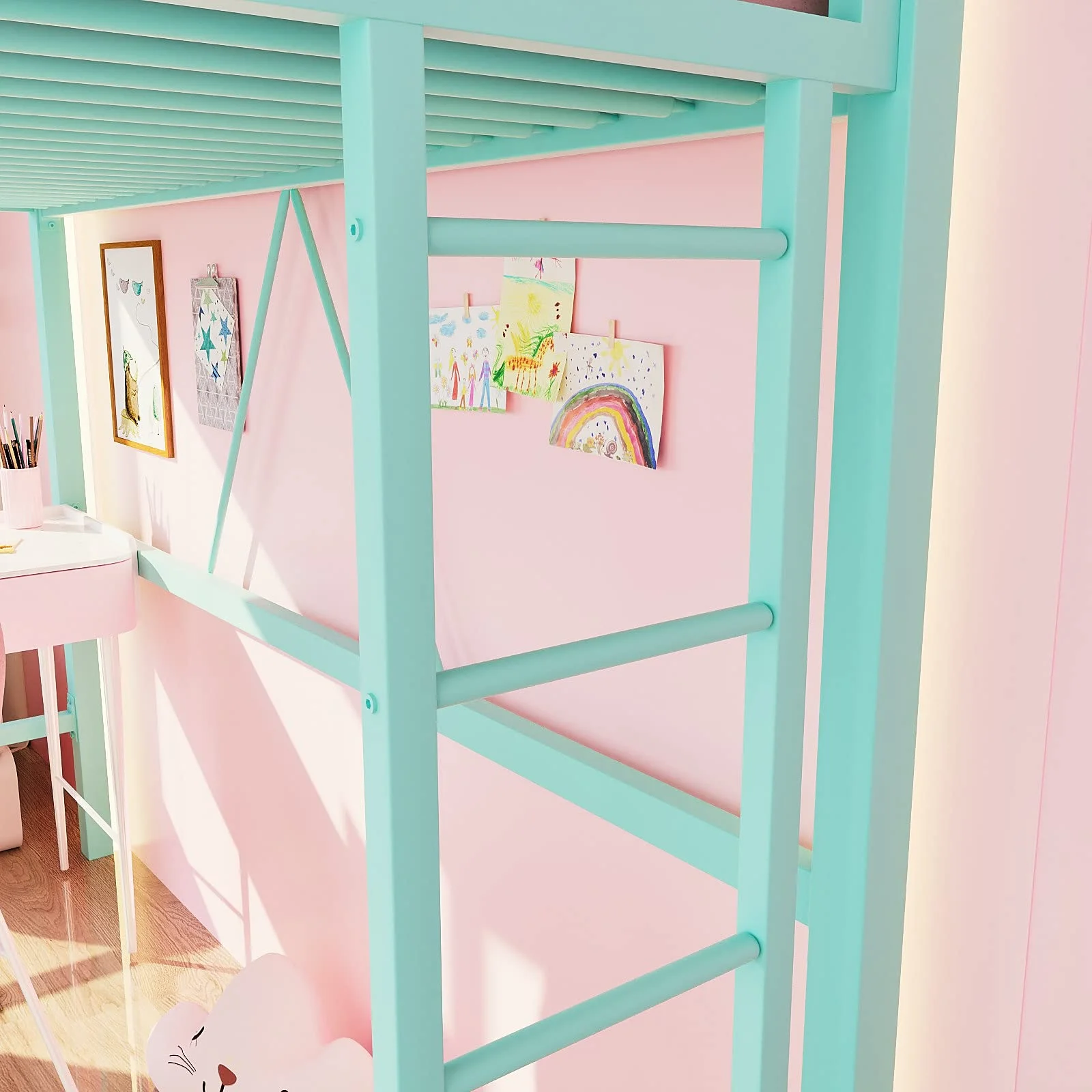 Einfach Metal Twin Size Loft Bed with Removable Ladder & Full-Length Guardrail, White - Image 22