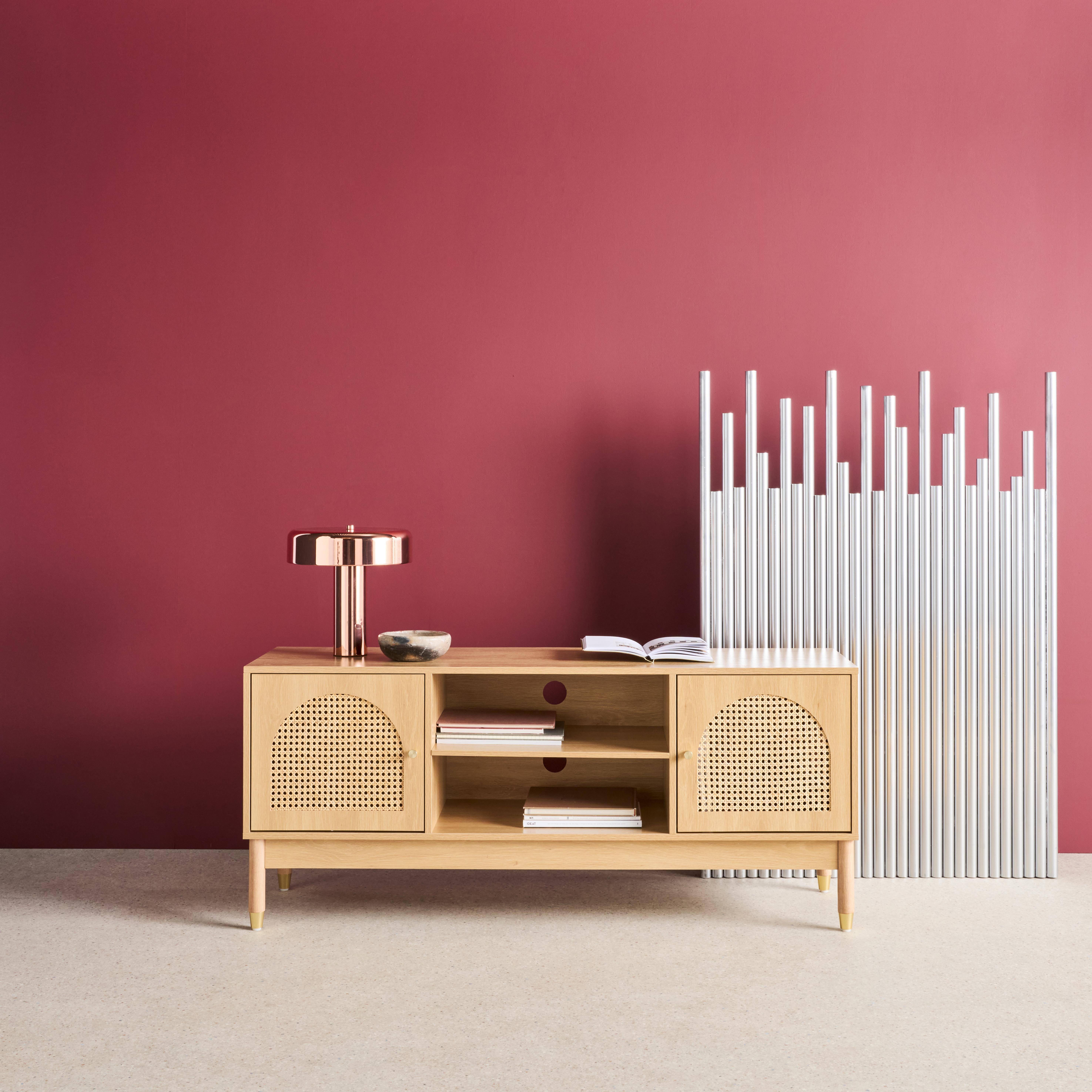 Judith - Mueble TV decoración madera y mimbre 2 puertas, 140cm