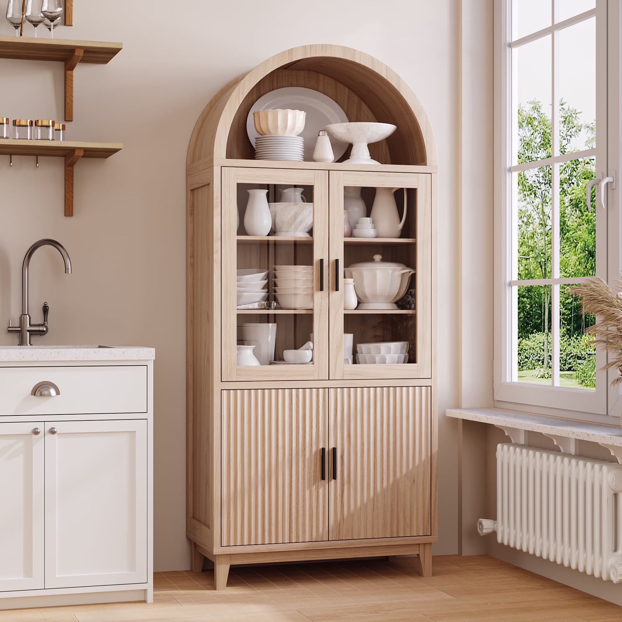 VEANERWOOD 71" Tall Arch Cabinet, Wood Fluted Kitchen Kitchen Storage Cabinet with 4 Doors and 6 Shelves for Dining Room Living Room - Image 5
