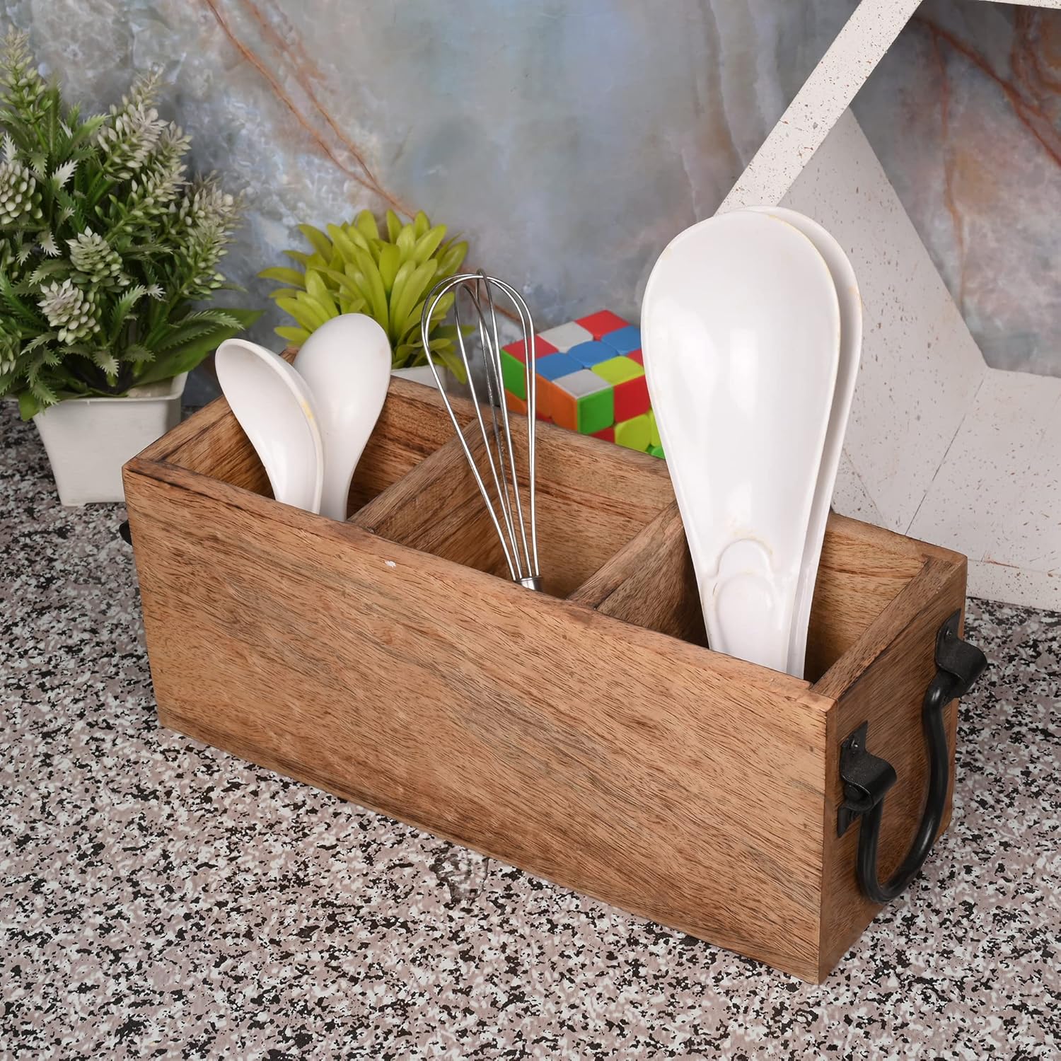 Samhita Mango Wood Cutlery Holder Caddy Organizer Wooden Utensil Storage Organizer Countertop for Silverware Fork Spoon Spatula 3 compartments (11
