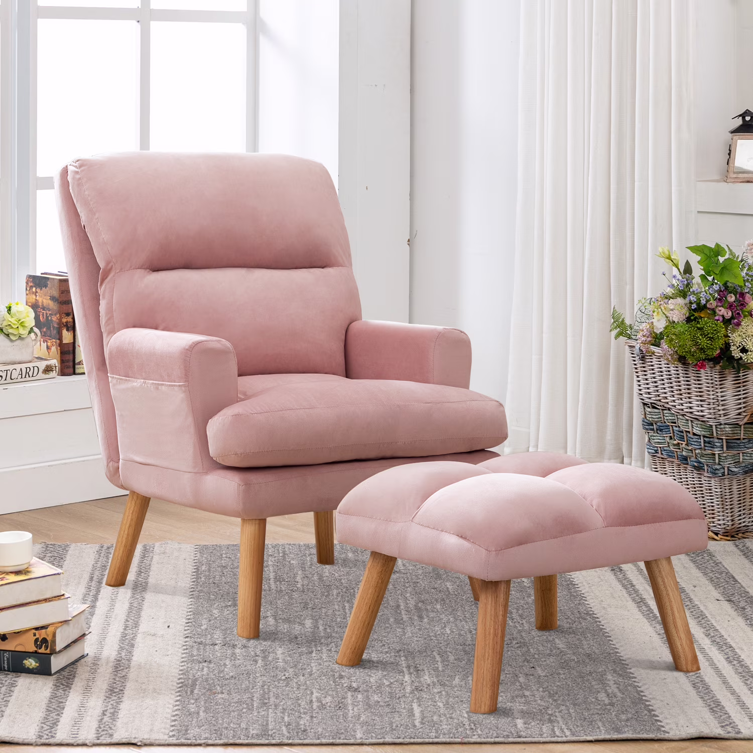 Bestier Adjustable Accent Chairs with Ottoman, Velvet Fabric Armchair for Bedroom Living Room, Comfy Lounge Chair with Padded Backrest and Side Pocket, Soft Reading Chair, Beige - Image 3