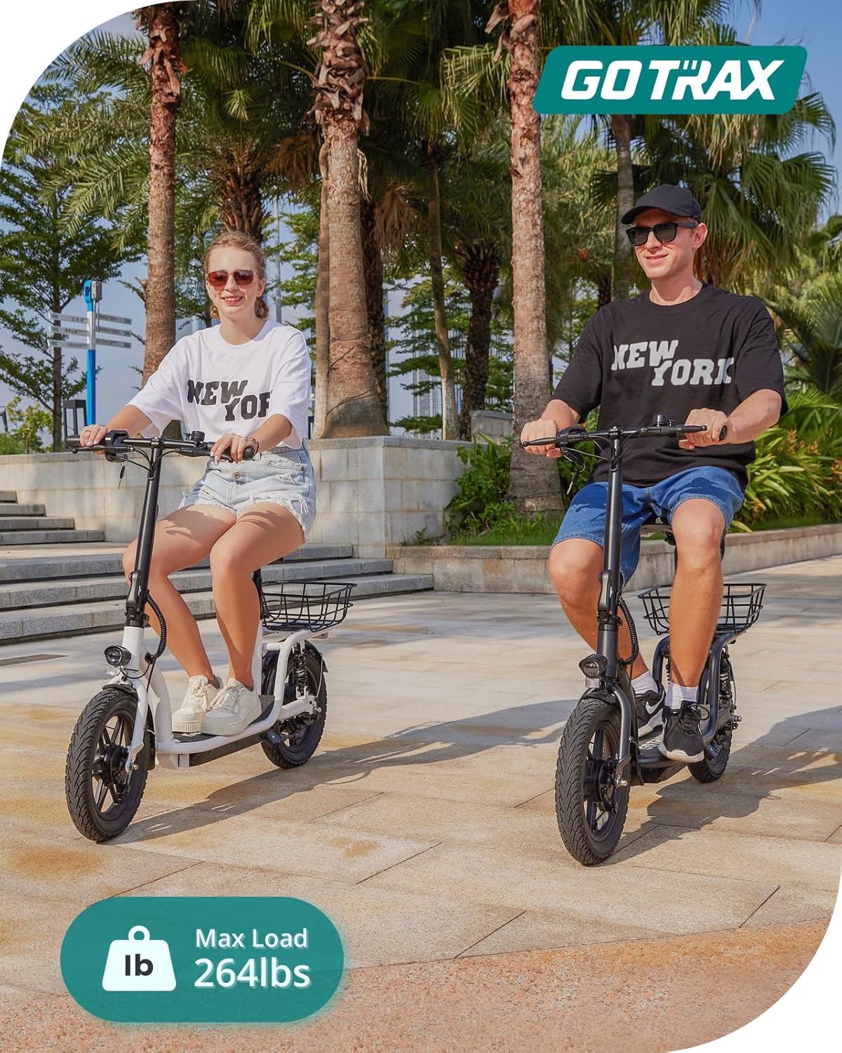 Gotrax adult electric scooter with seat maximum range of 19-25 miles all-terrain tires wide pedals