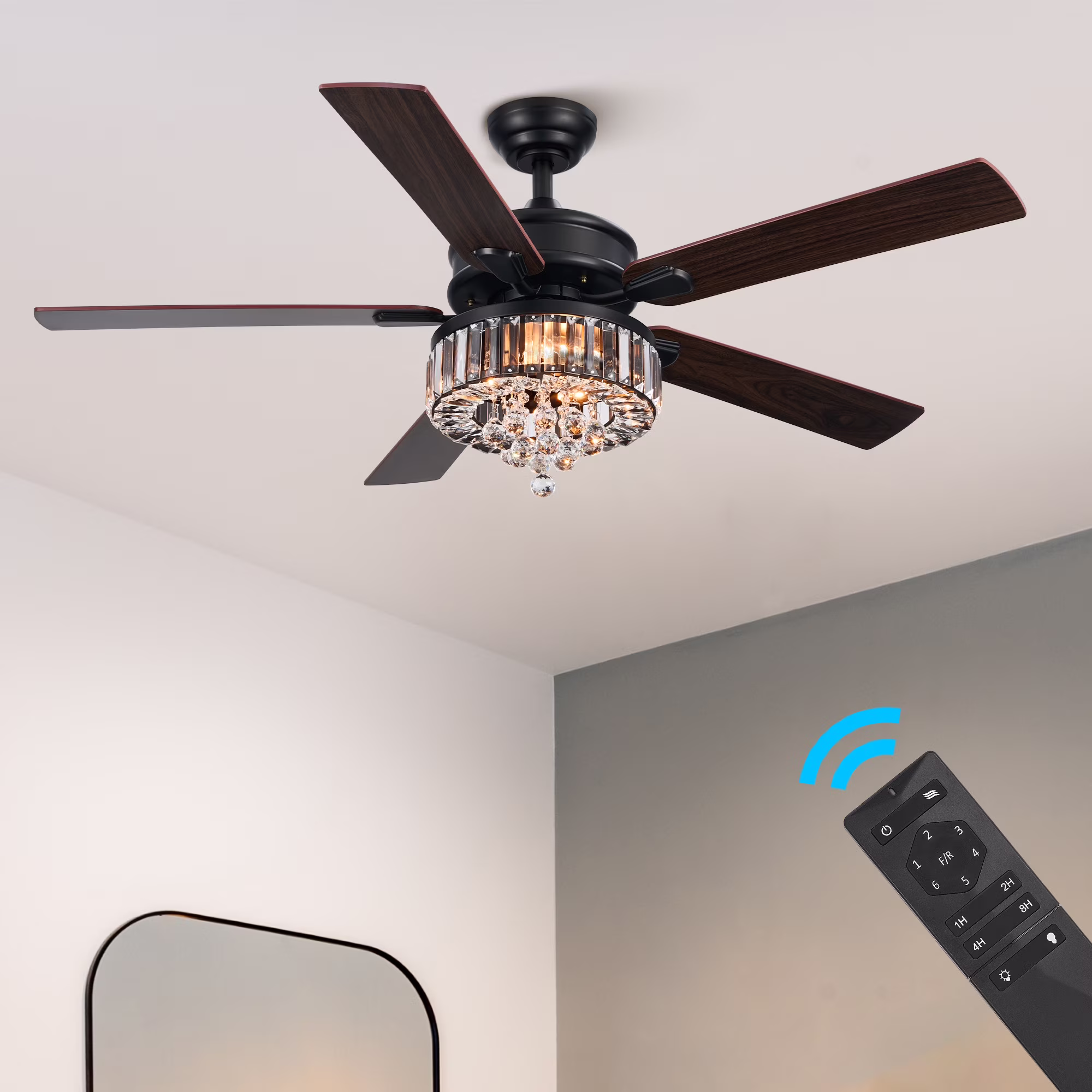 Bestco 52" Chandelier Crystal Ceiling Fan with Light 6 Speeds 5 Dual Sided Blades Chrome - Image 3