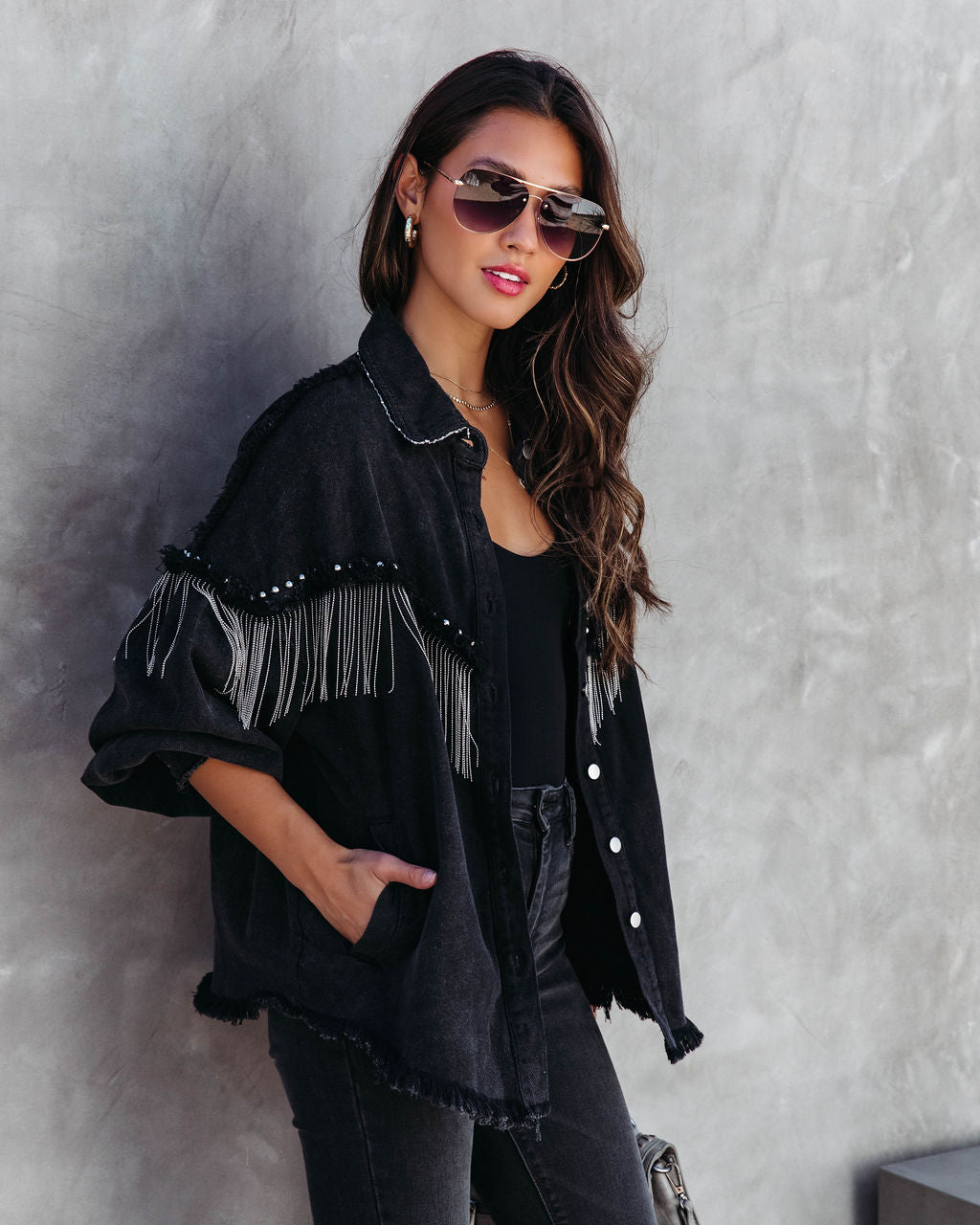 Knightly Pocketed Studded Fringe Lightweight Jacket - Black - Se7enfashion