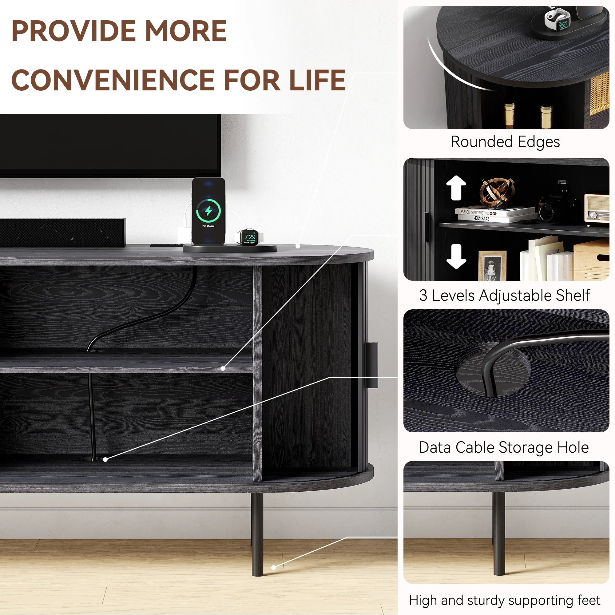 MARNUR 63" TV Stand for 70" TV, Wood Entertainment Center with Storage and Shelves, 2 Sliding Tambour Doors, Mid-Century Modern, Walnut - Image 30