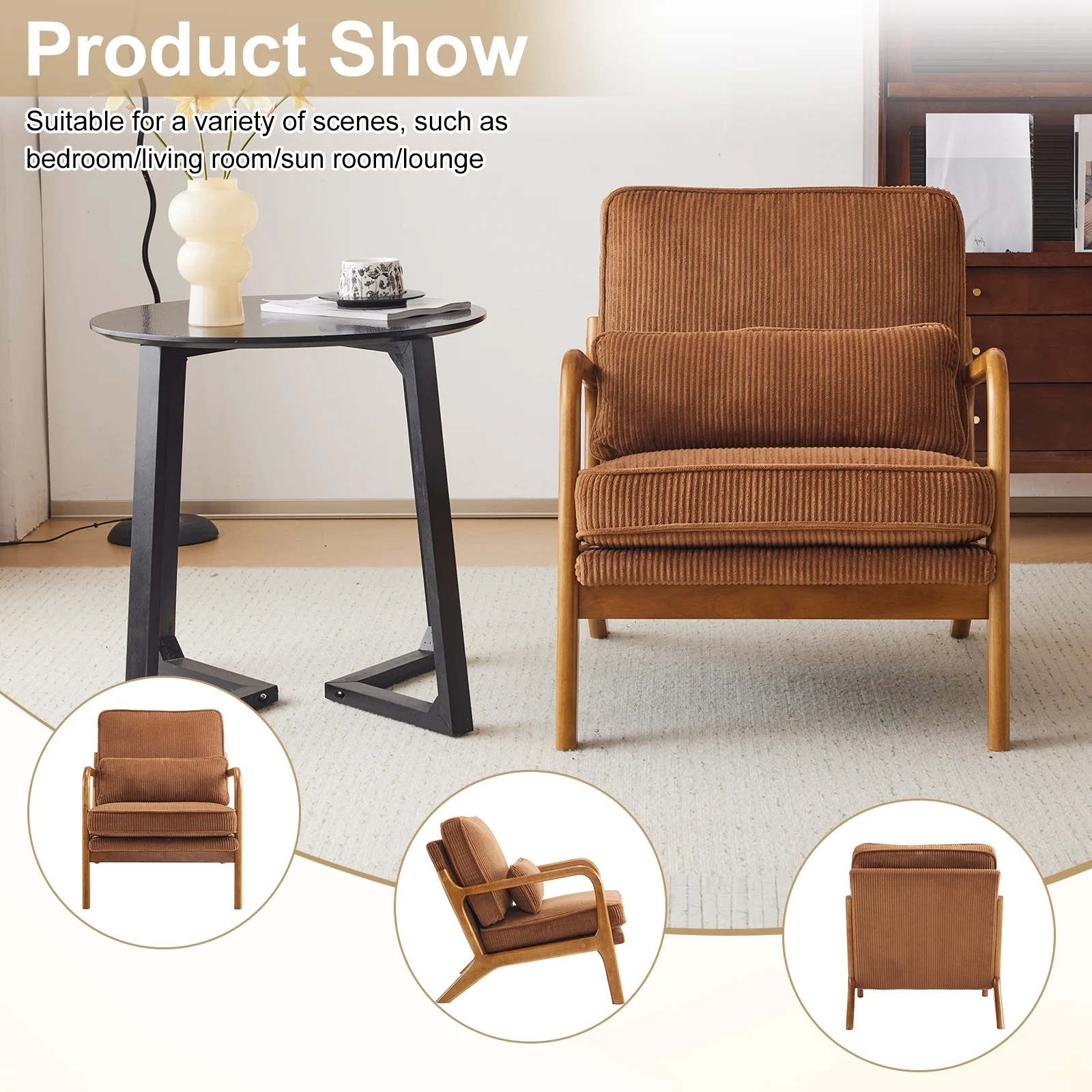 Ktaxon Accent Chair Corduroy Upholstered Armchair, Reading Club Chair with Pillow and Solid Wood Frame for Living Room Bedroom Furniture Off White - Image 44
