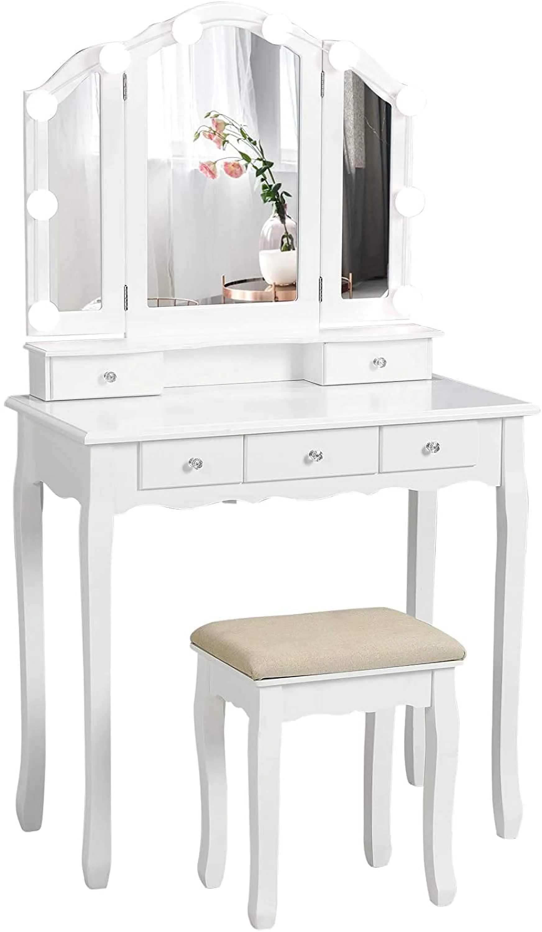 Vanity Table Set with Lighted Tri-Folding Mirror and Cushion Stool, White - Image 4