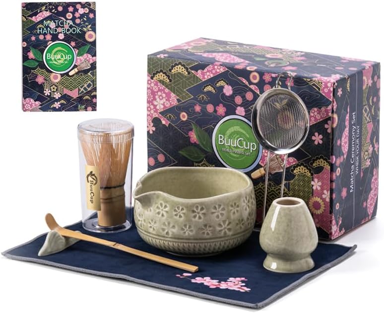 Buucup Matcha Whisk Set, Ceramic Matcha Kit Set Includes Matcha Bowl, Matcha Whisk and Holder, Bamboo Scoop, Scoop Rest, Sifter and Tea Towel - 7 Pcs Matcha Kit for Matcha Lovers (Mottled Green)