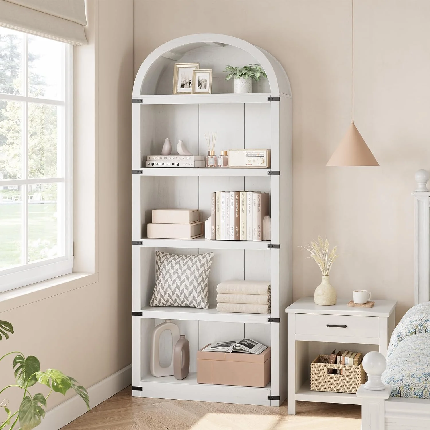 Bookcase 5 Shelf Arched Bookshelf 71.65in Tall Bookcase Farmhouse Display Storage Rack Wooden Bookshelves for Home Office, Living Room(white) - Image 9