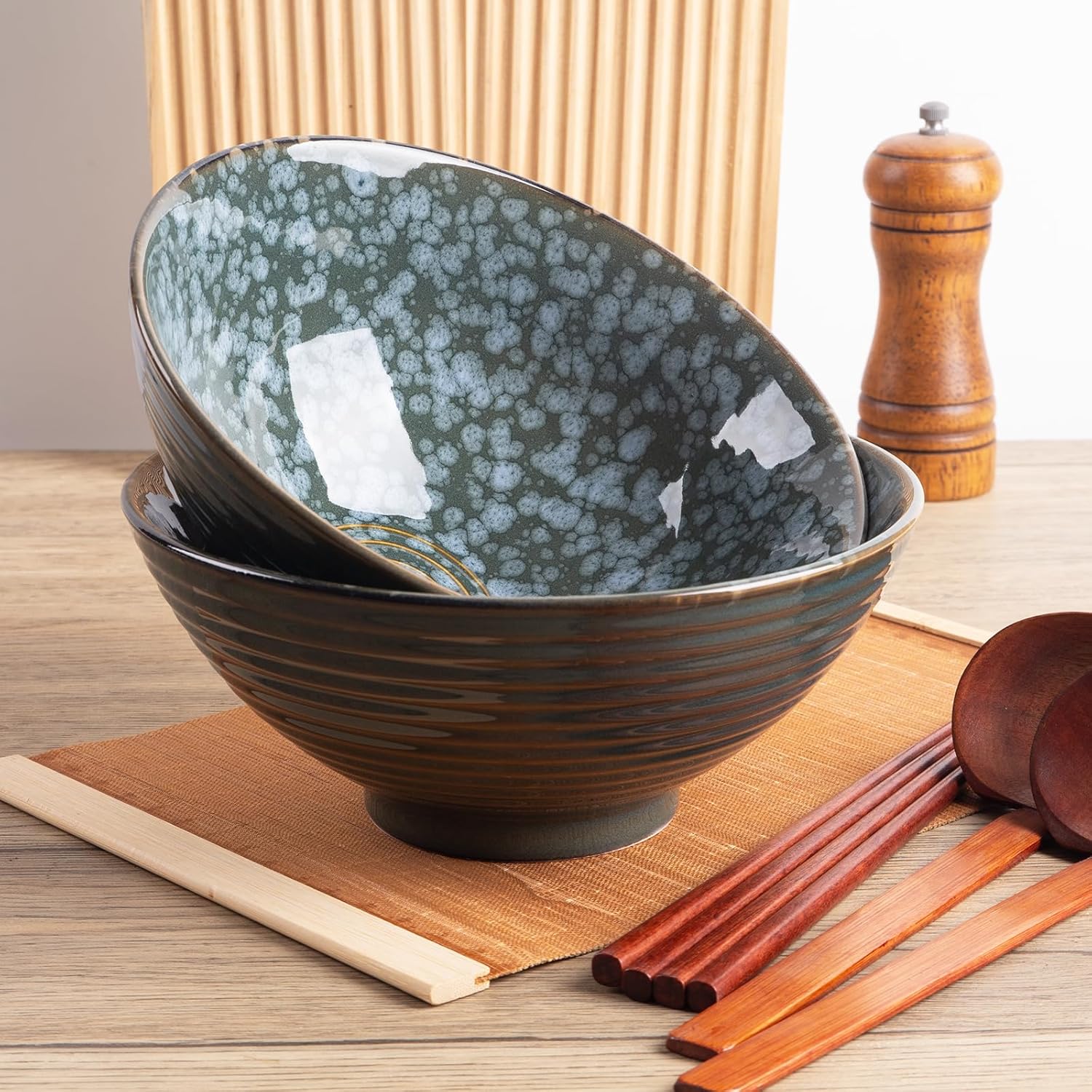 40oz Japanese Ceramic Ramen Bowl Set of 2 with Chopsticks and Spoons for Pho Udon Asian Soup Noodles (Jade Speck)