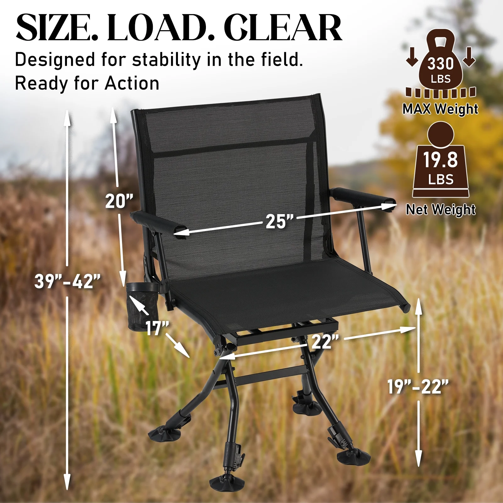 Danrelax 360- Silent Camo Hunting Blind Chair, Armrests, Side Pouch, Telescopic Legs - Image 36