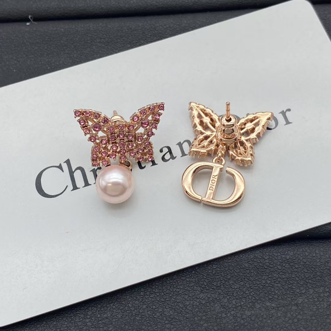 Dior Asymmetric Rose Gold-Finish Pink Butterfly Earrings - Original Replica Club