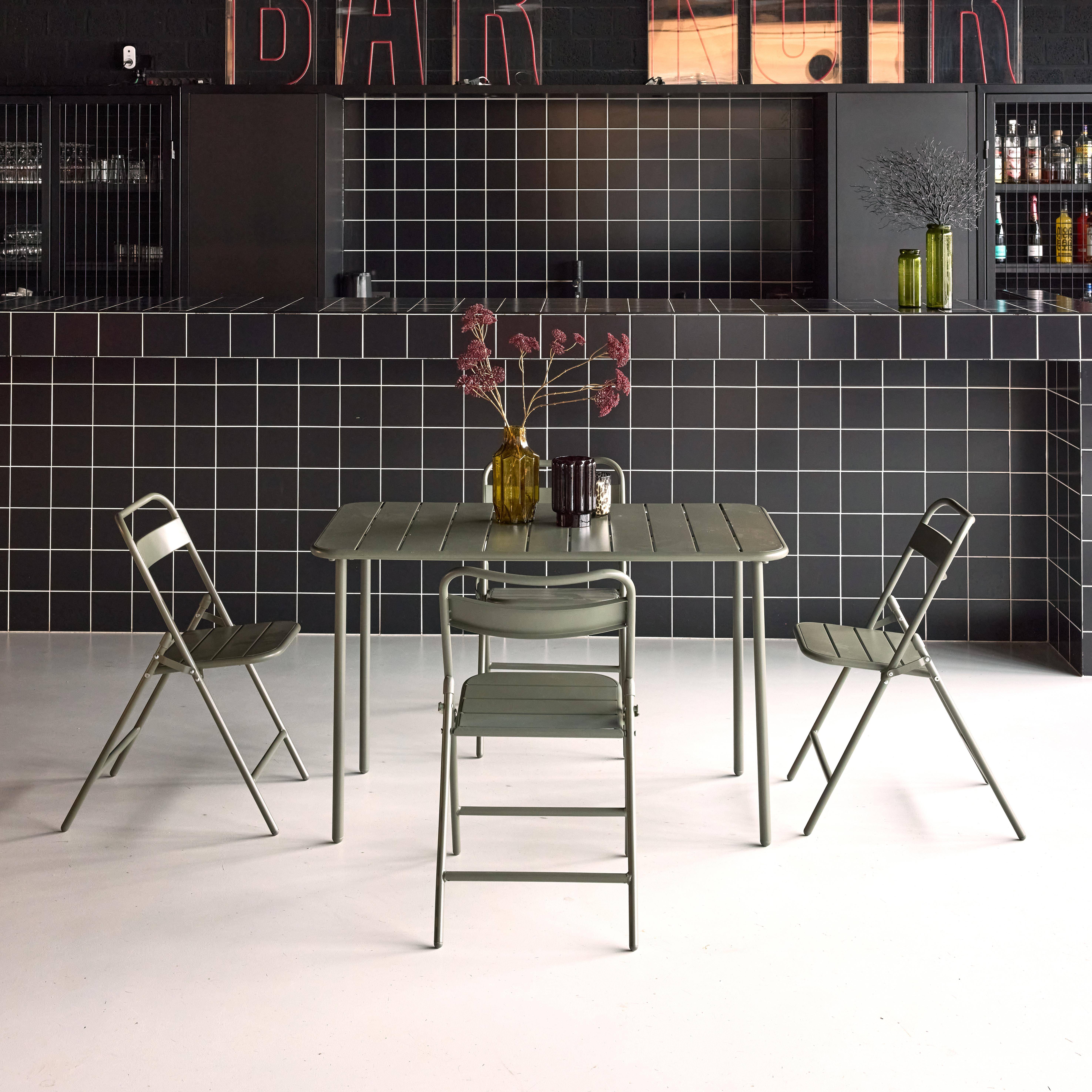 Amelia - Set mesa de jardín bistró de acero con 4 sillas plegables, 120cm