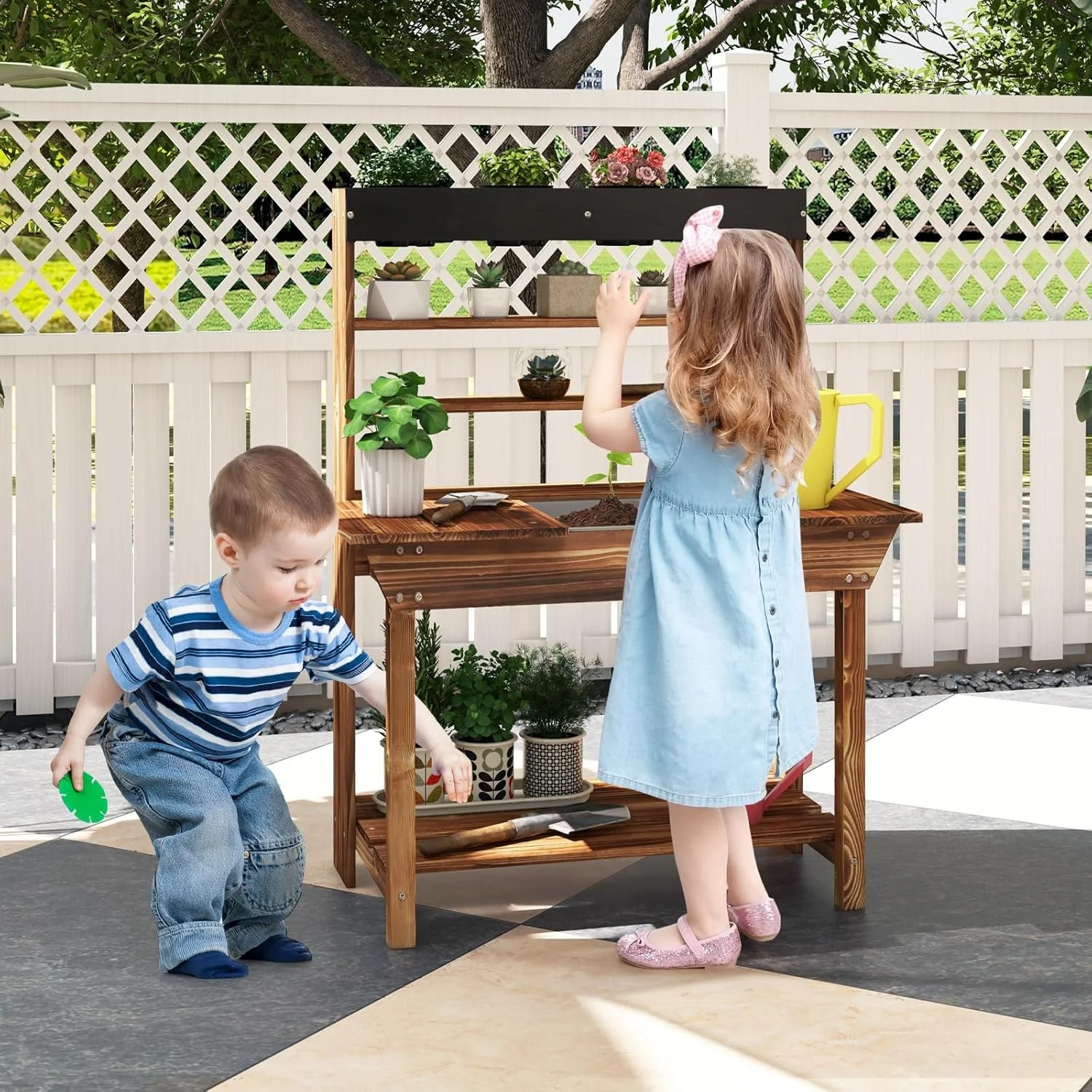 DORTALA Kids Potting Bench, Fir Wood Outdoor Mud Table with Removable Sink, 4 Pots, Chalkboard, Storage Shelves, Garden Kid Kitchen Playset, Mud Kitchen for Kids Outdoor - Image 6