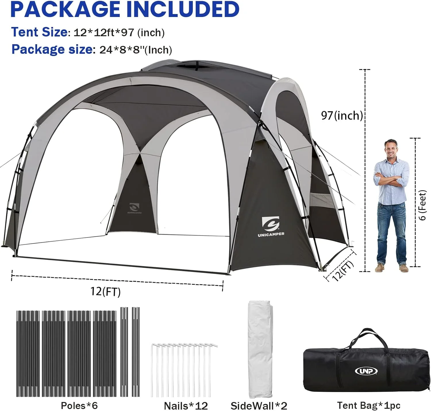 UNP Easy Beach Tent 12 X 12ft Pop Up Canopy UPF50+ Tent with Side Wall, Ground Pegs, and Stability Poles, Sun Shelter Rainproof, Waterproof for Camping Trips, Backyard Fun, Party Or Picnics (Gray) - Image 4