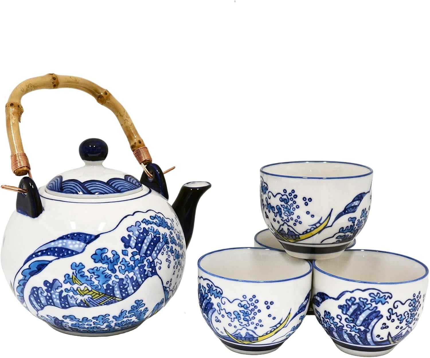 Urban Tokyo Hokusai Inspired Great Wave Porcelain Tea Set with Bamboo Handle, 30 oz Teapot with 4 Cups, Blue and White, Gift Box