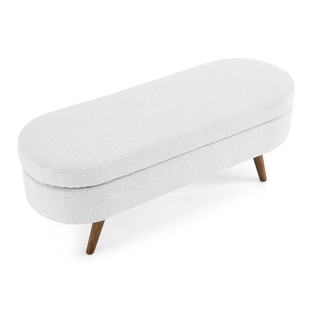 43.5" Oval Storage Ottoman Bench with Solid Wood Legs, Linen Fabric Upholstered Entryway Bench with Safety Hinge, Indoor Bench for End of Bed, Sofa Side, Entryway - Image 9