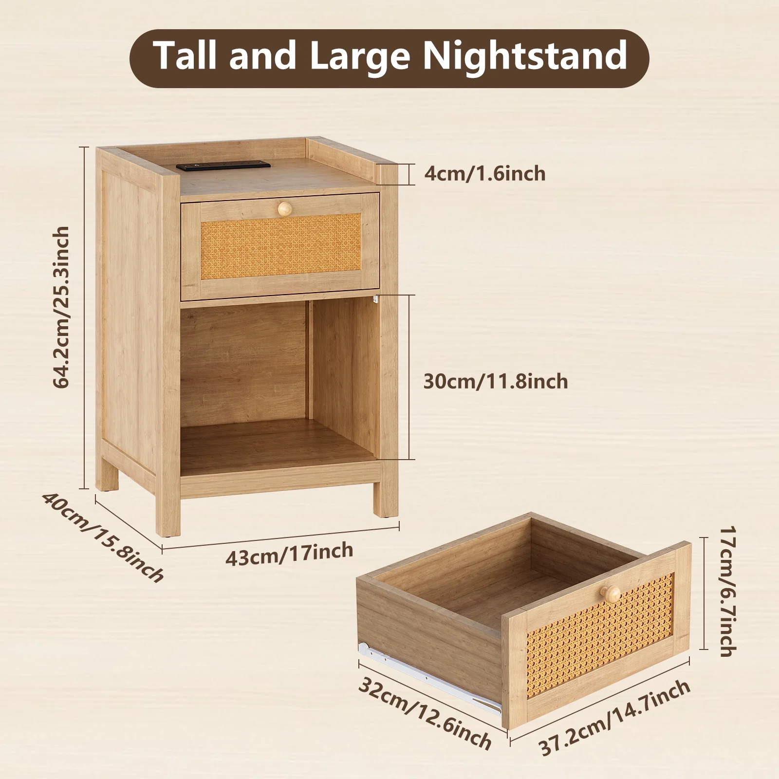 LGHM Nightstand Set of 2 with Charging Station, Farmhouse Bedside Tables Night Stands with Drawer, Boho Side Tables for Bedroom, Living Room, Oak - Image 8